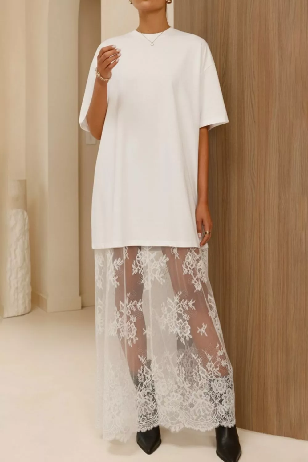 Lace Patchwork Casual T-Shirt Dress, image 8