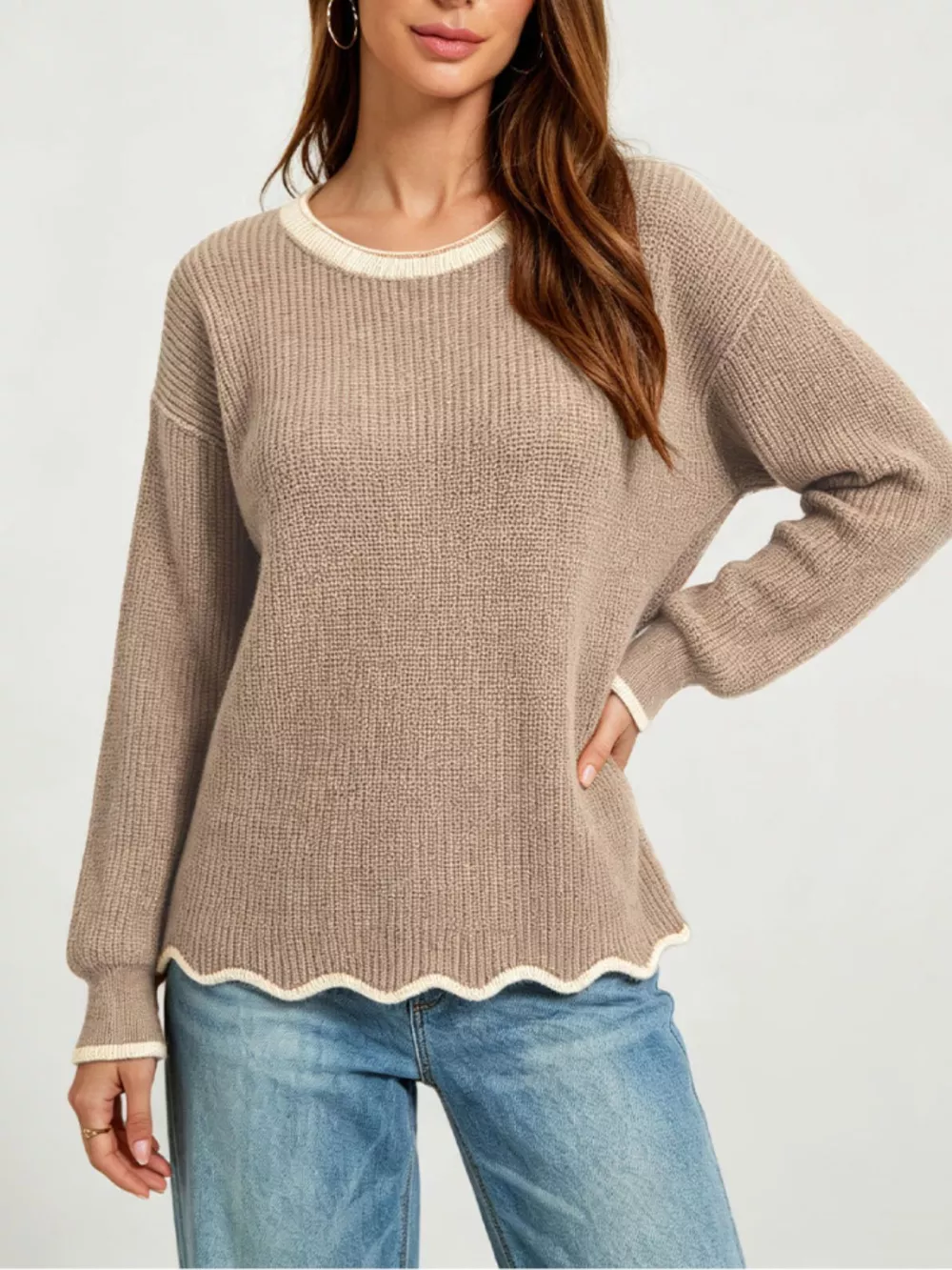Contrast Trim Scalloped Hem Ribbed Knit Sweater, image 10