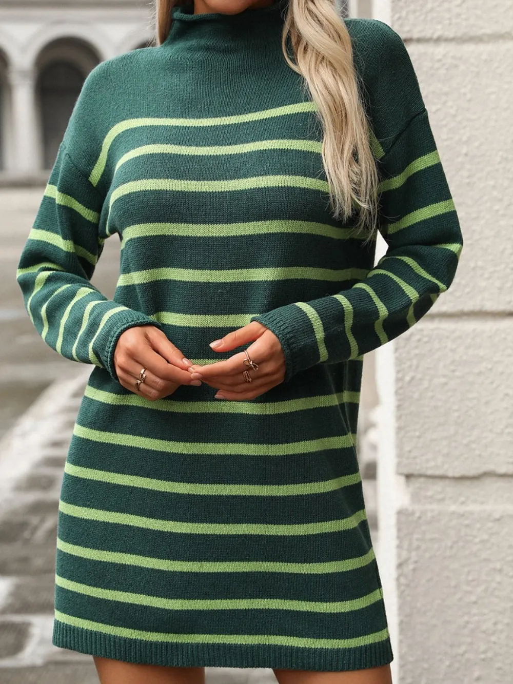 Striped Mock Neck Long Sleeve Mini Dress, image 12