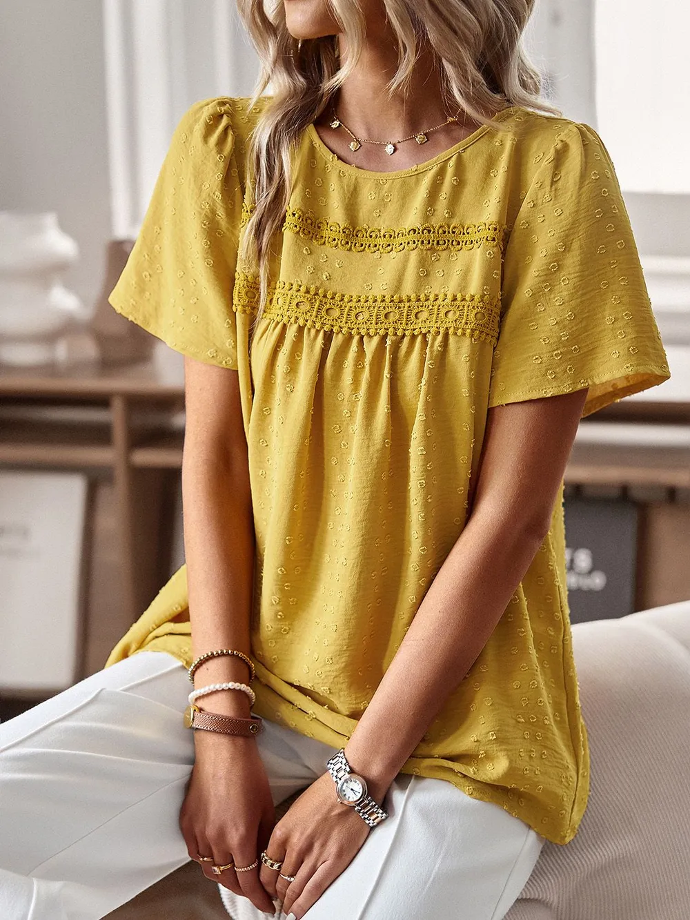Lace Detail Round Neck Short Sleeve Blouse, image 4