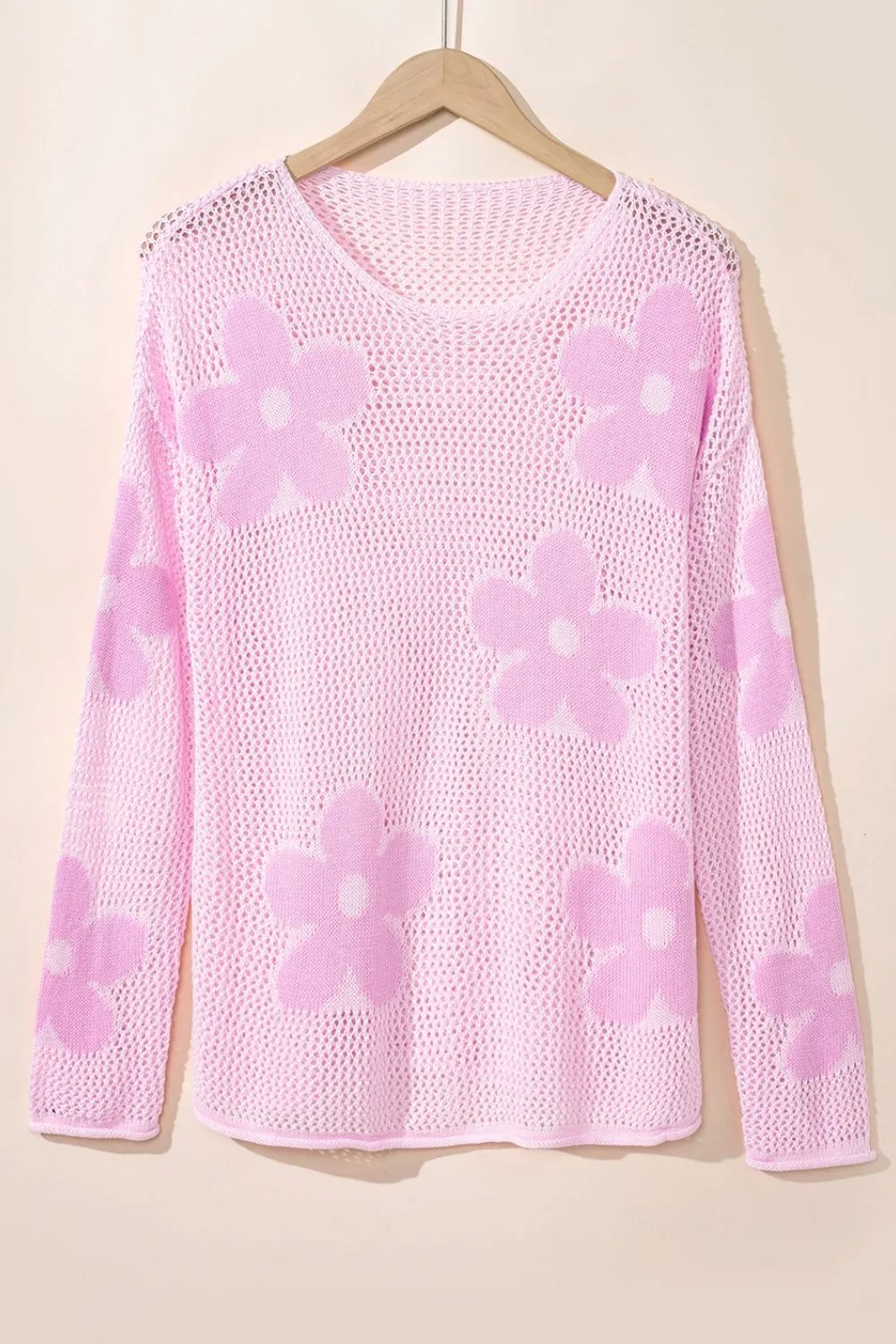 Openwork Round Neck Floral Knit Cover Up, image 6