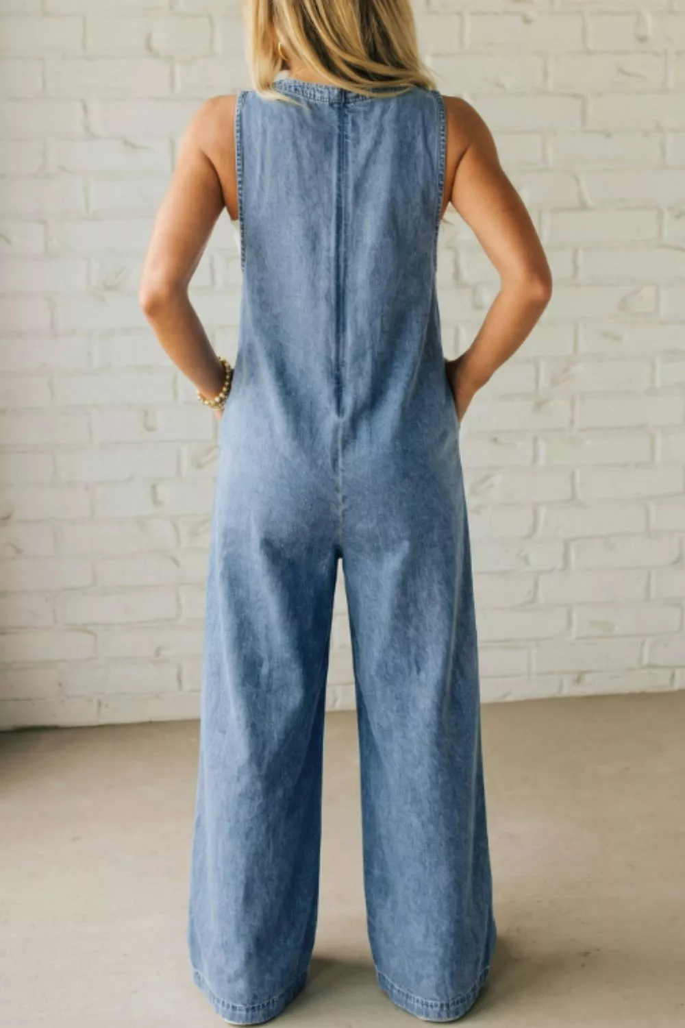 Acid Wash Pintuck Tie V Neck Denim Wide Leg Jumpsuit, image 2