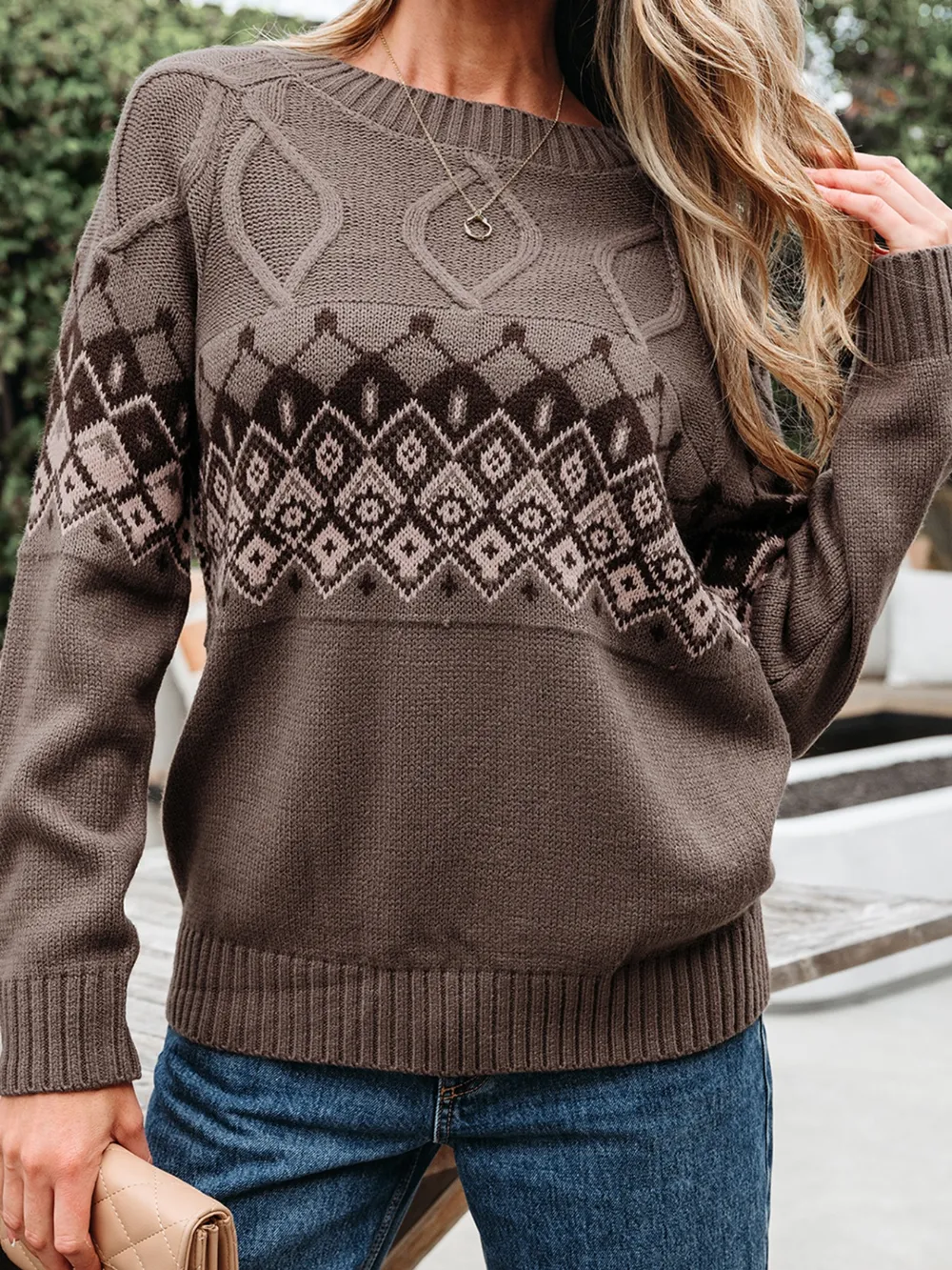 Geometric Round Neck Long Sleeve Sweater, image 6