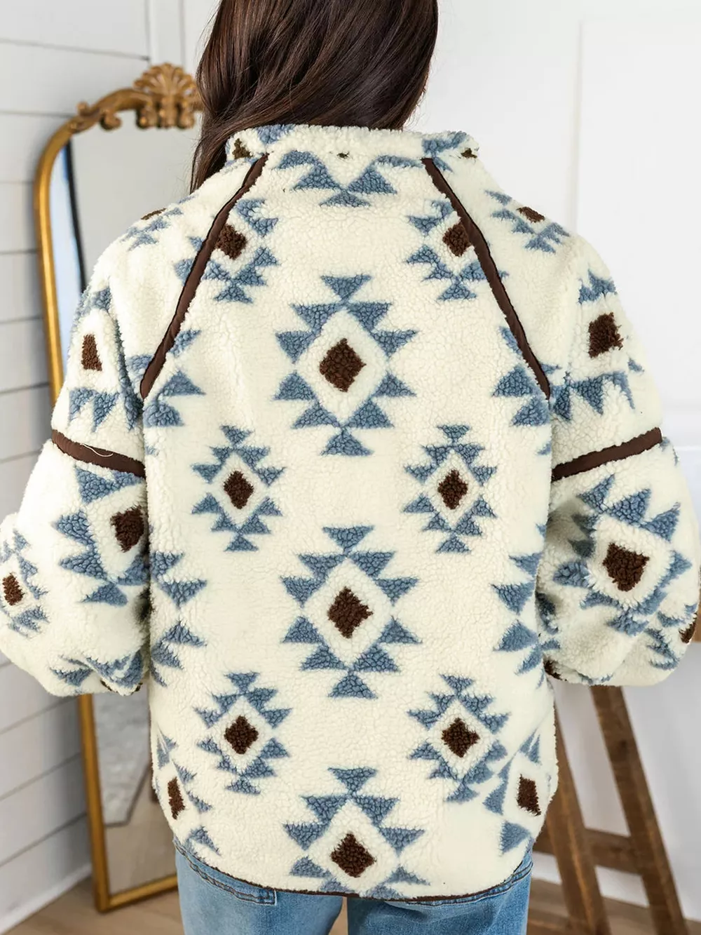 Geometric Print Sherpa Western Style Long Sleeve Sweatshirt, image 3