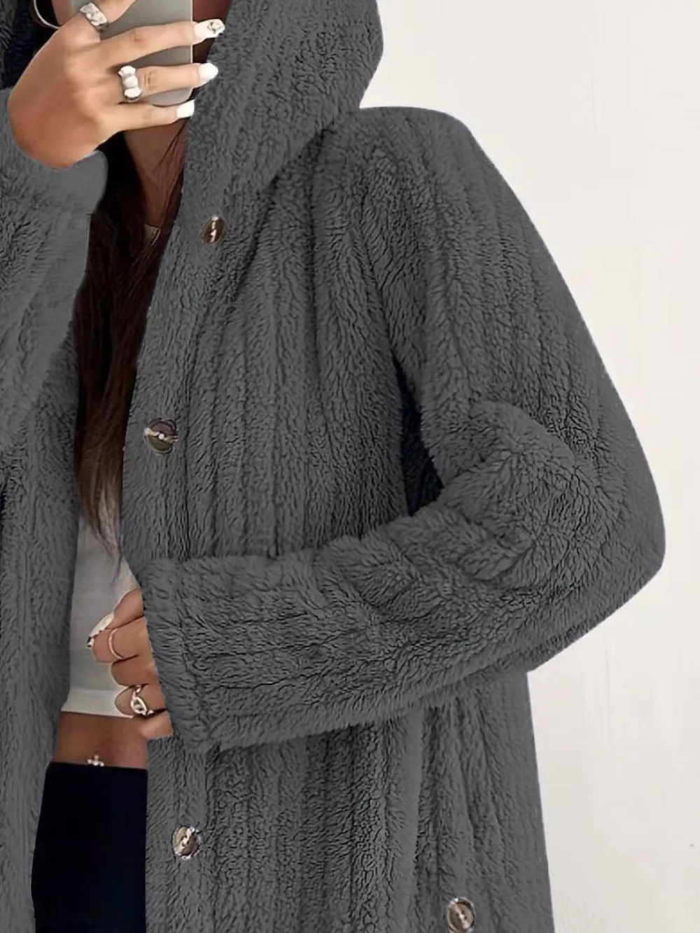 Full Size Fleece Button Up Hooded Outerwear Plus Size, image 24