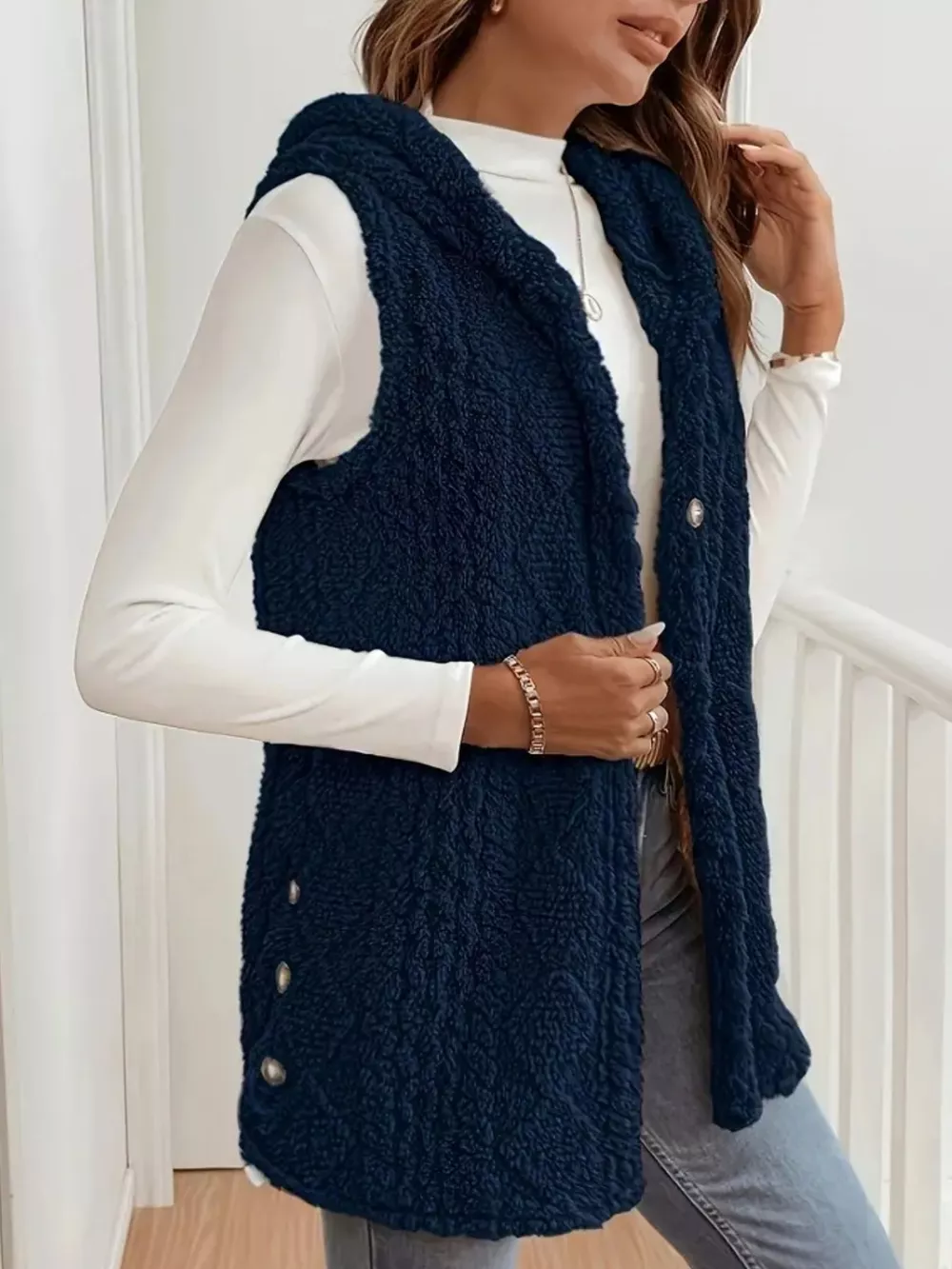Button-Down Sherpa Hooded Vest Coat, image 6