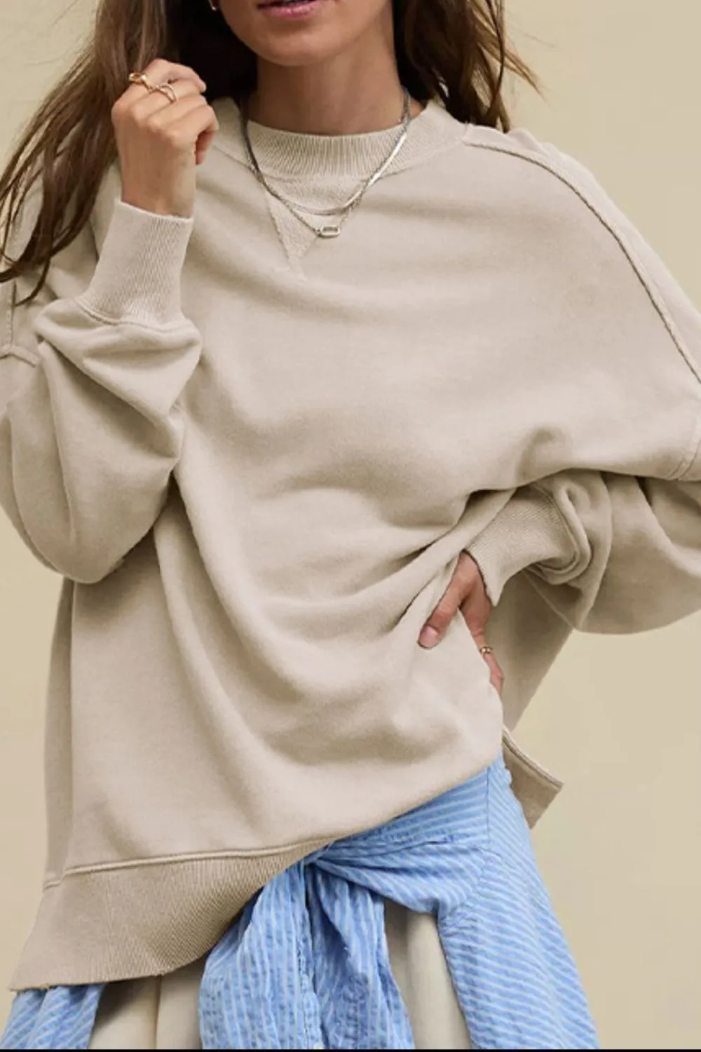 Side Slit Round Neck Long Sleeve Sweatshirt, image 2