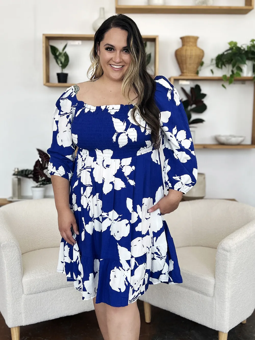 Full Size Floral Ruffle Hem Smocked Dress with Pockets, image 3