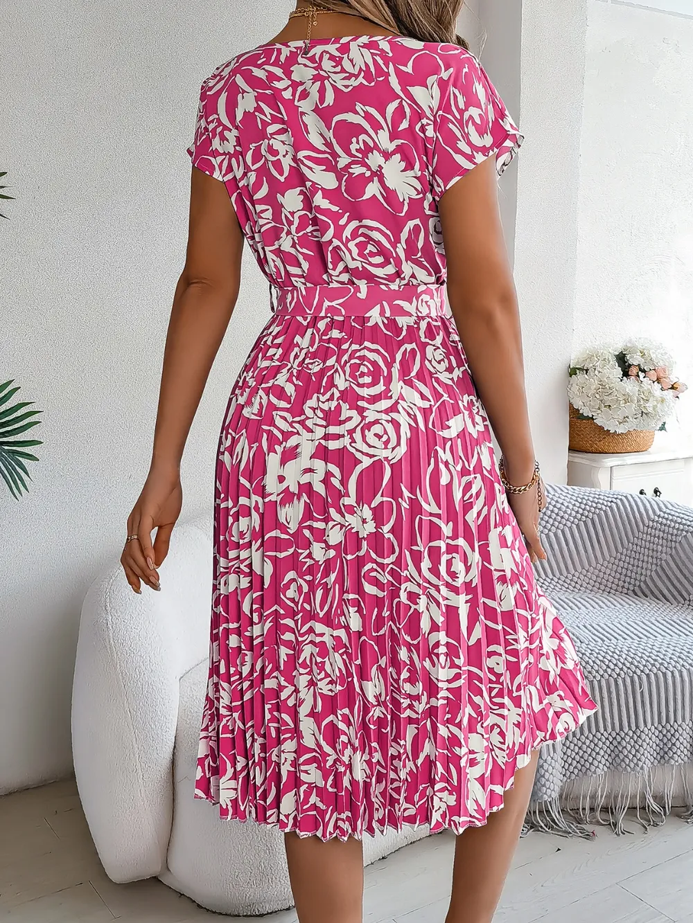 Tied Pleated Printed Short Sleeve Dress, image 5