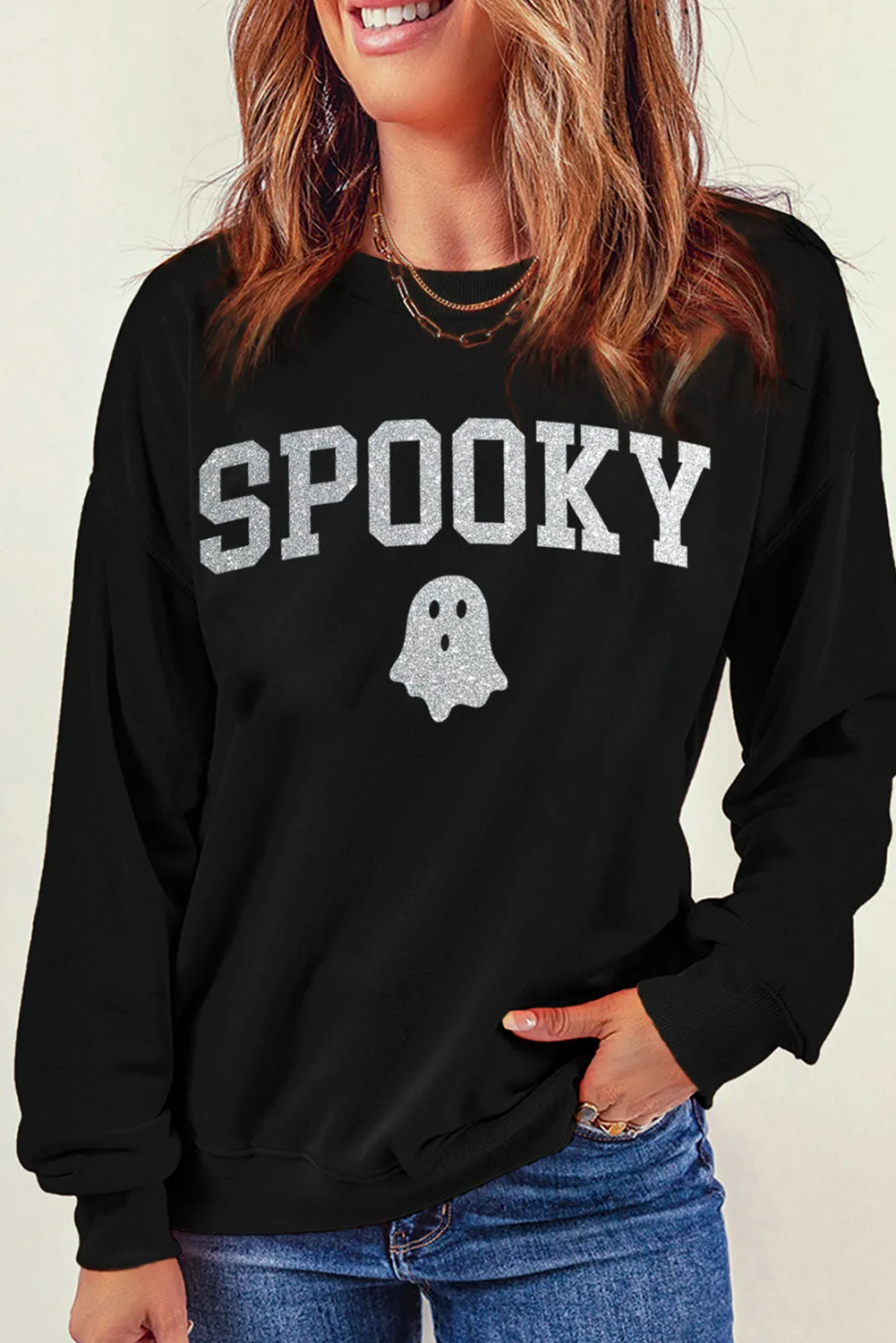 SPOOKY Round Neck Long Sleeve Sweatshirt, image 2