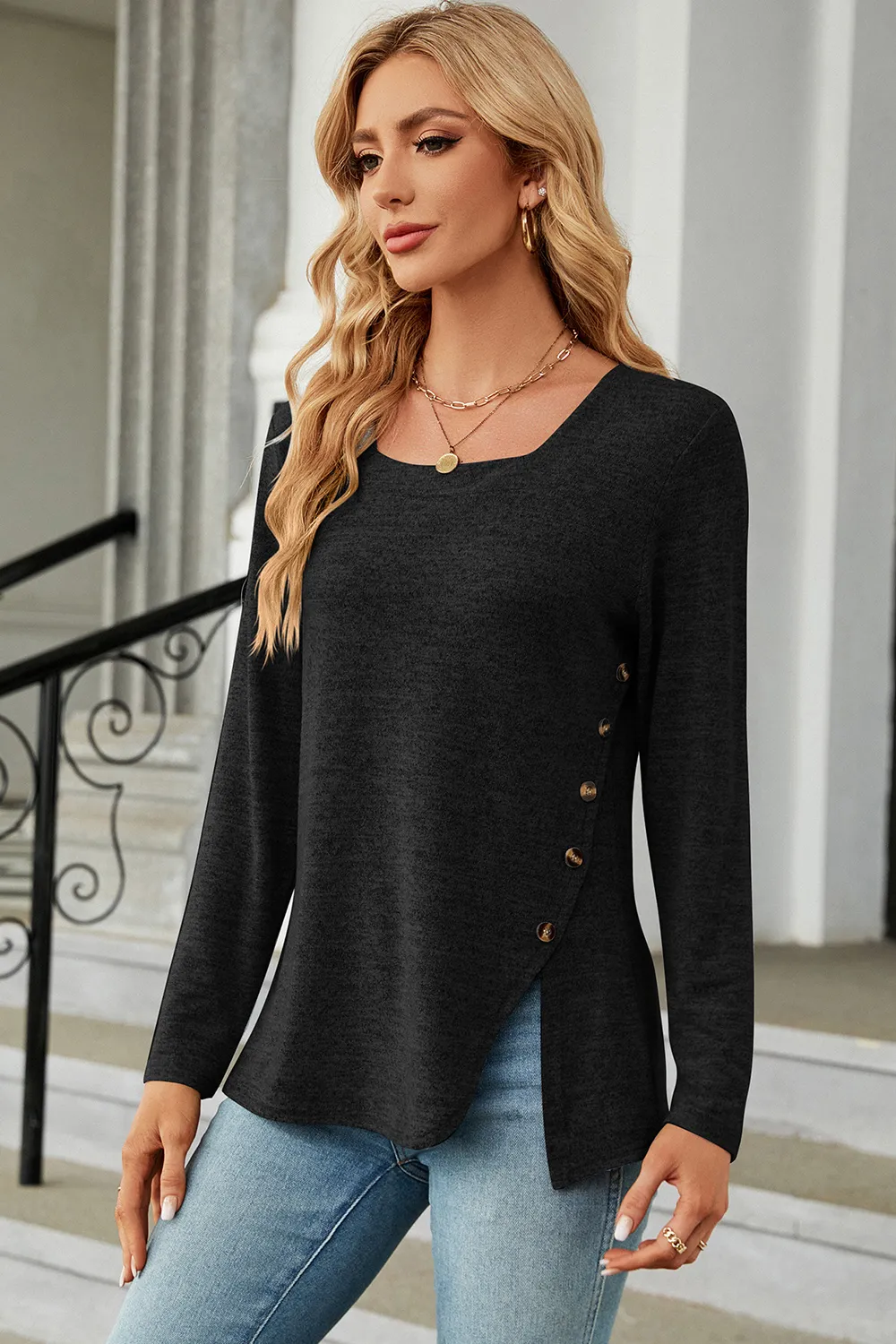 Slit Decorative Button Square Neck T-Shirt, image 6