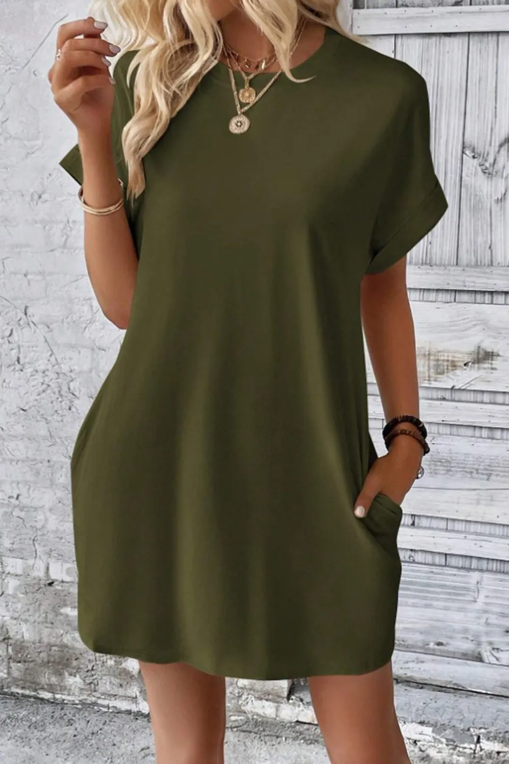Pocketed Round Neck Short Sleeve Dress, image 21