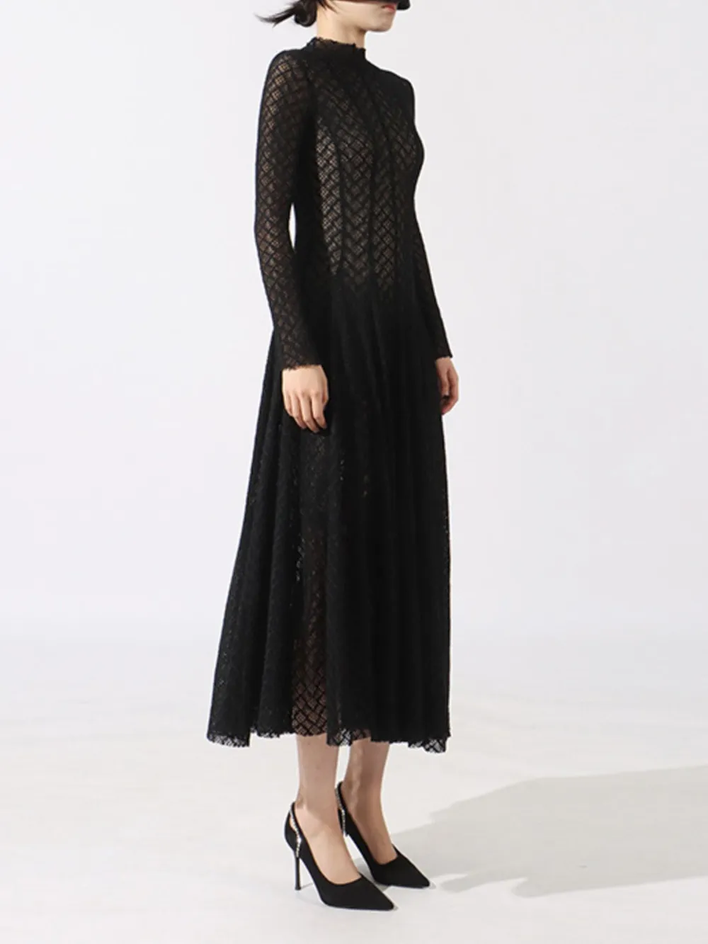 Lace Mock Neck Long Sleeve Dress, image 3