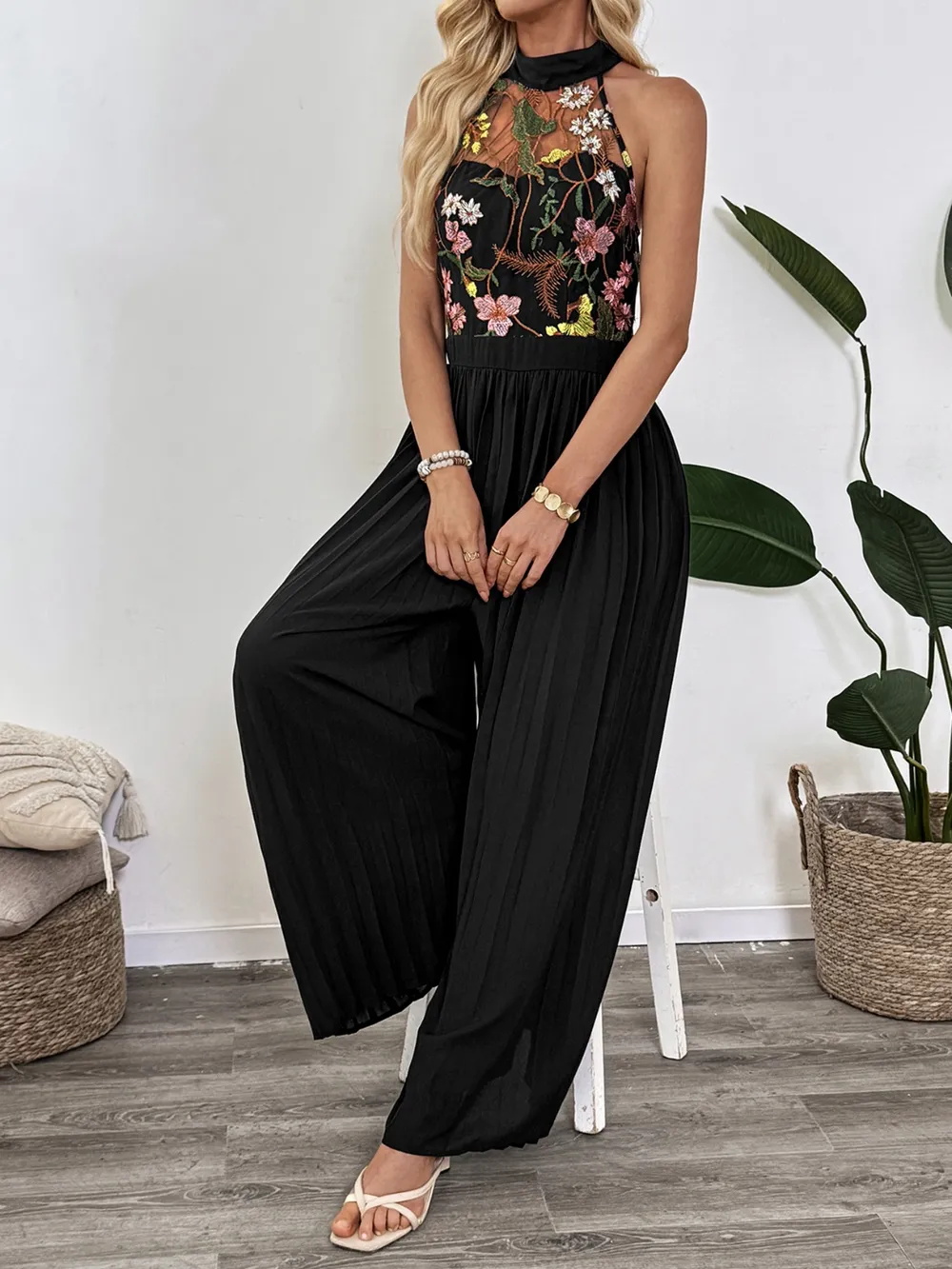 Floral Embroidered Halter Neck Pleated Jumpsuit, image 3