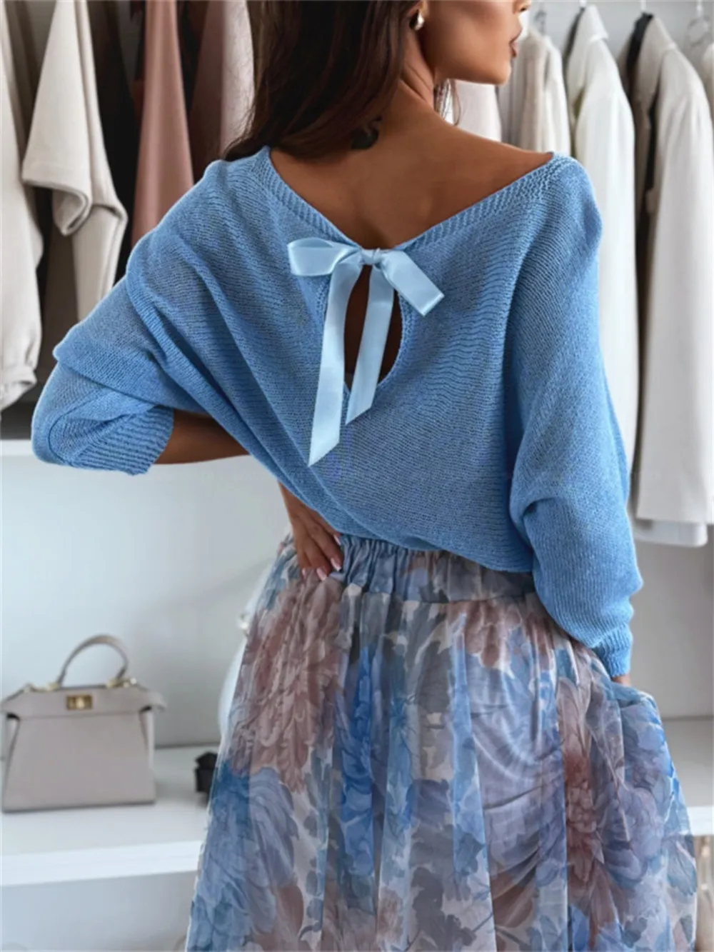 Bow Back Boat Neck Batwing Sleeve Sweater, image 4