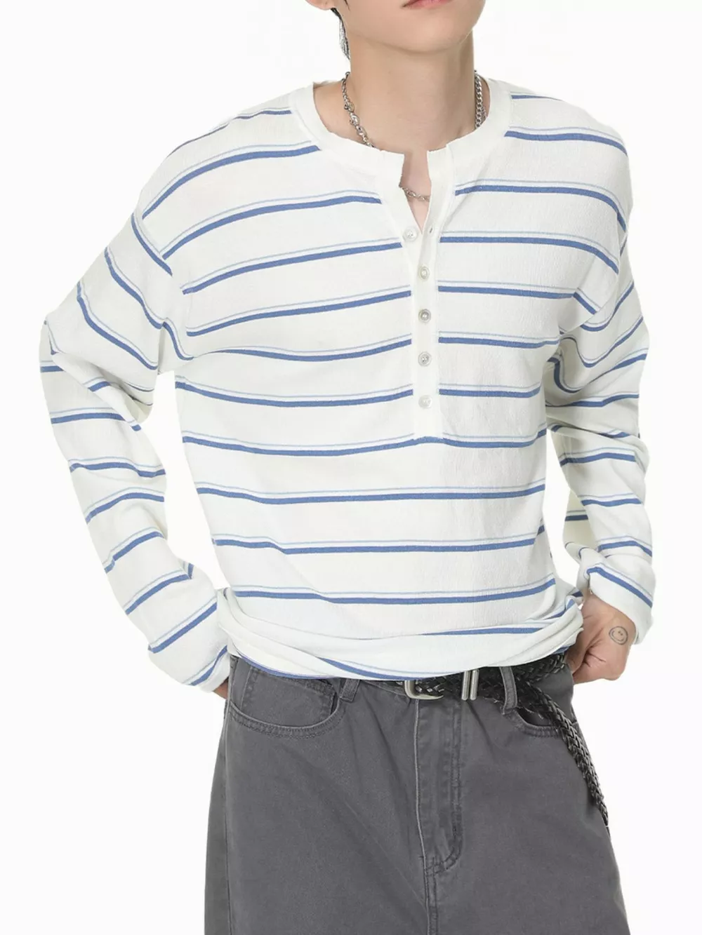 Men's Striped Button Detail Henley T-Shirt, image 3