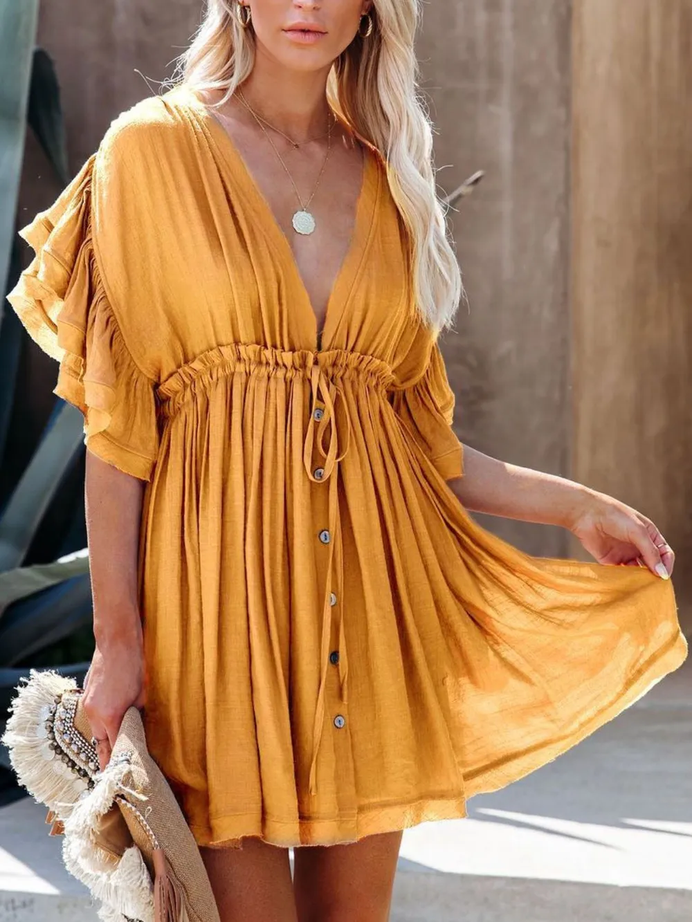 Drawstring Ruffled Half Sleeve Mini Dress, image 17