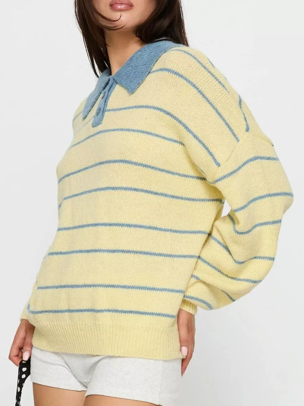 Striped Polo Collar Long Sleeve Sweater, image 2