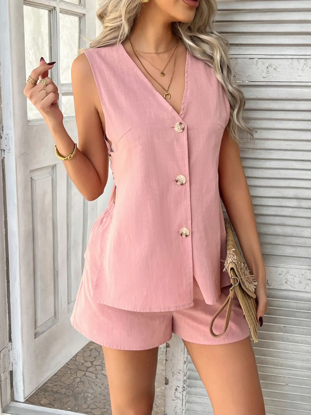 Button Down V-Neck Tank and Shorts Set, image 14
