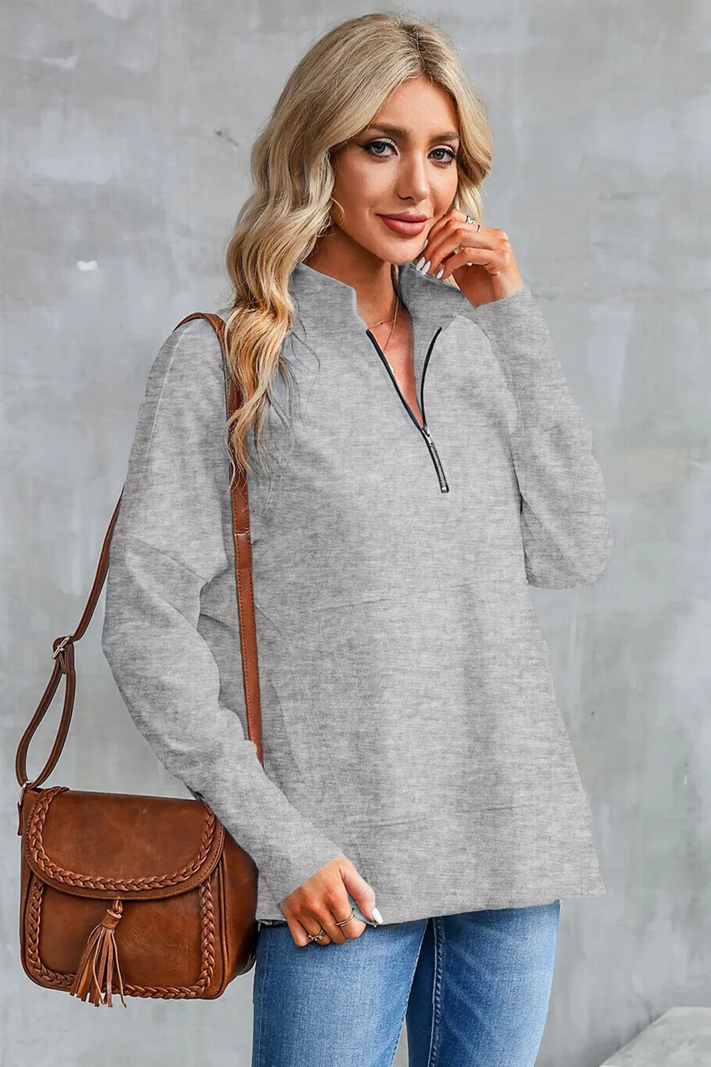 Half Zip Pocketed Dropped Shoulder Sweatshirt, image 8