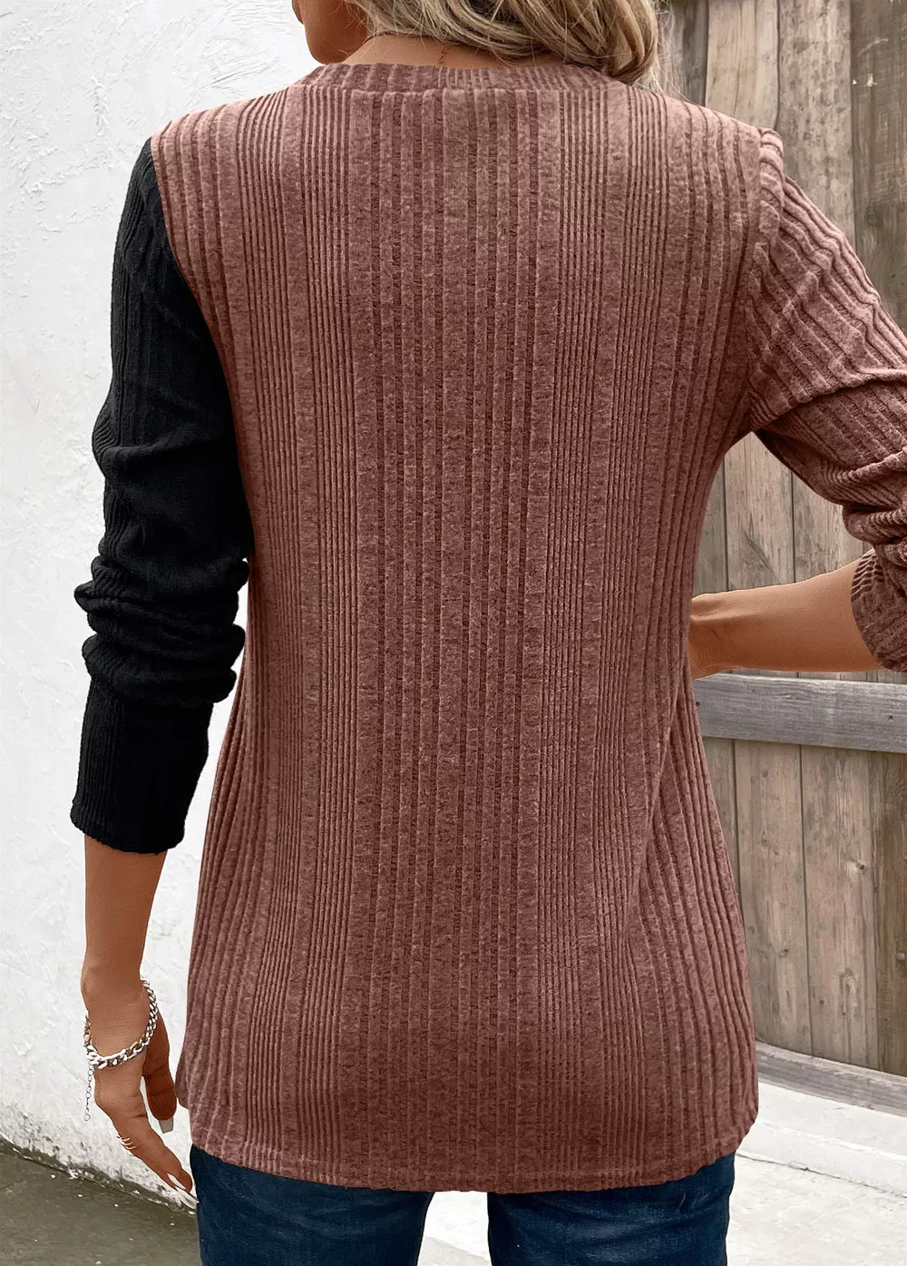 Color Block Ribbed Knit Decor Button T-Shirt, image 19