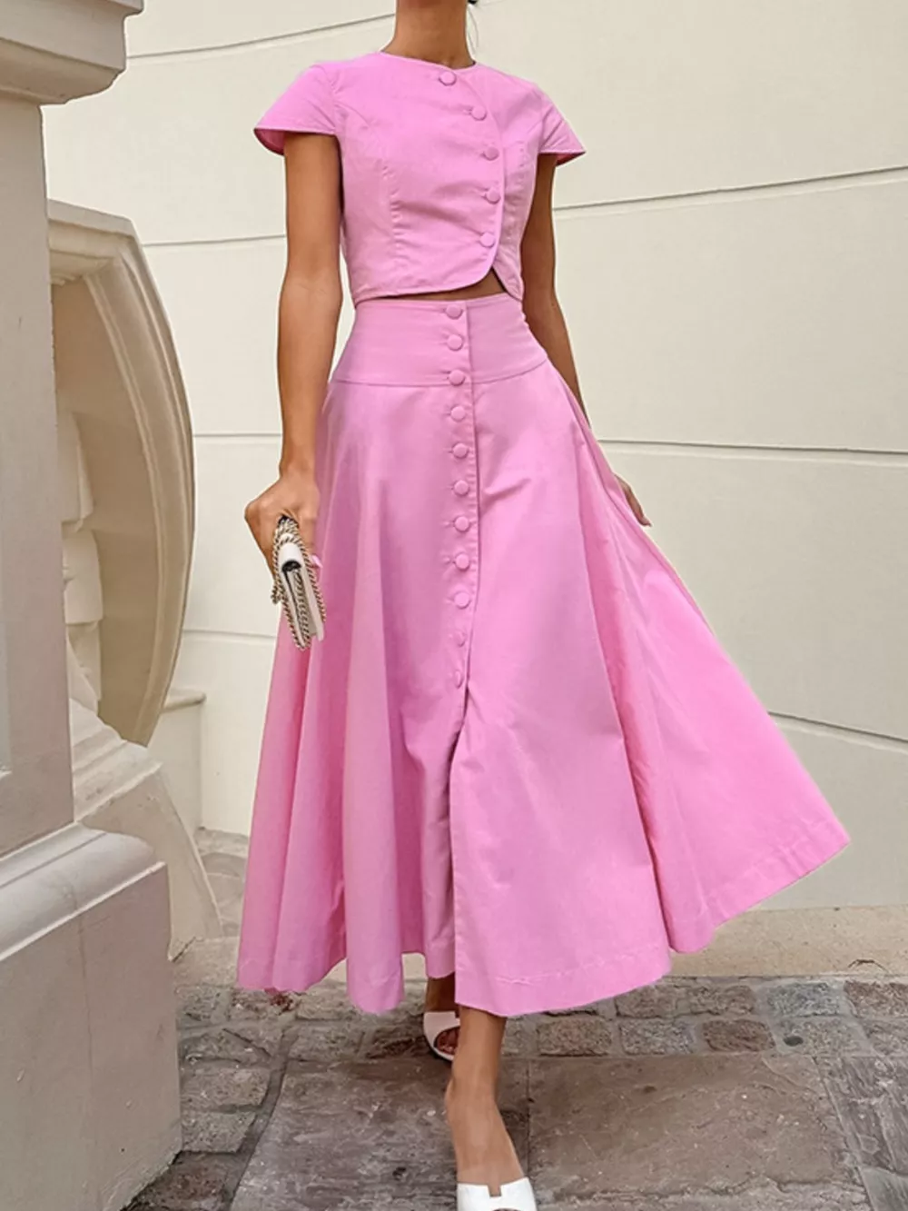 Cap Sleeve Button-Down Crop Top and Midi Skirt Set, image 11