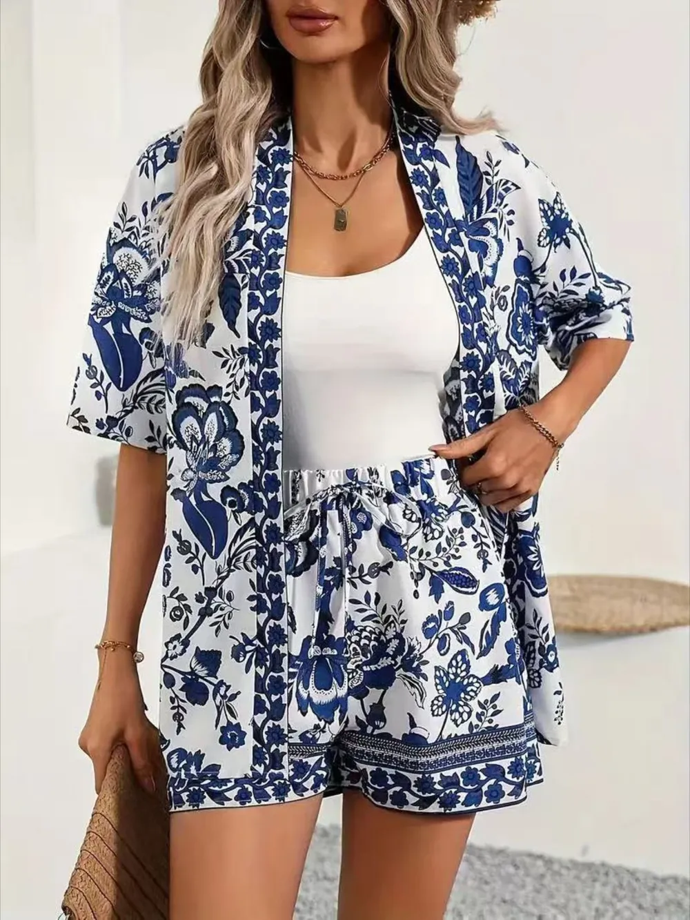 Printed Open Front Cardigan and Shorts Set, image 3