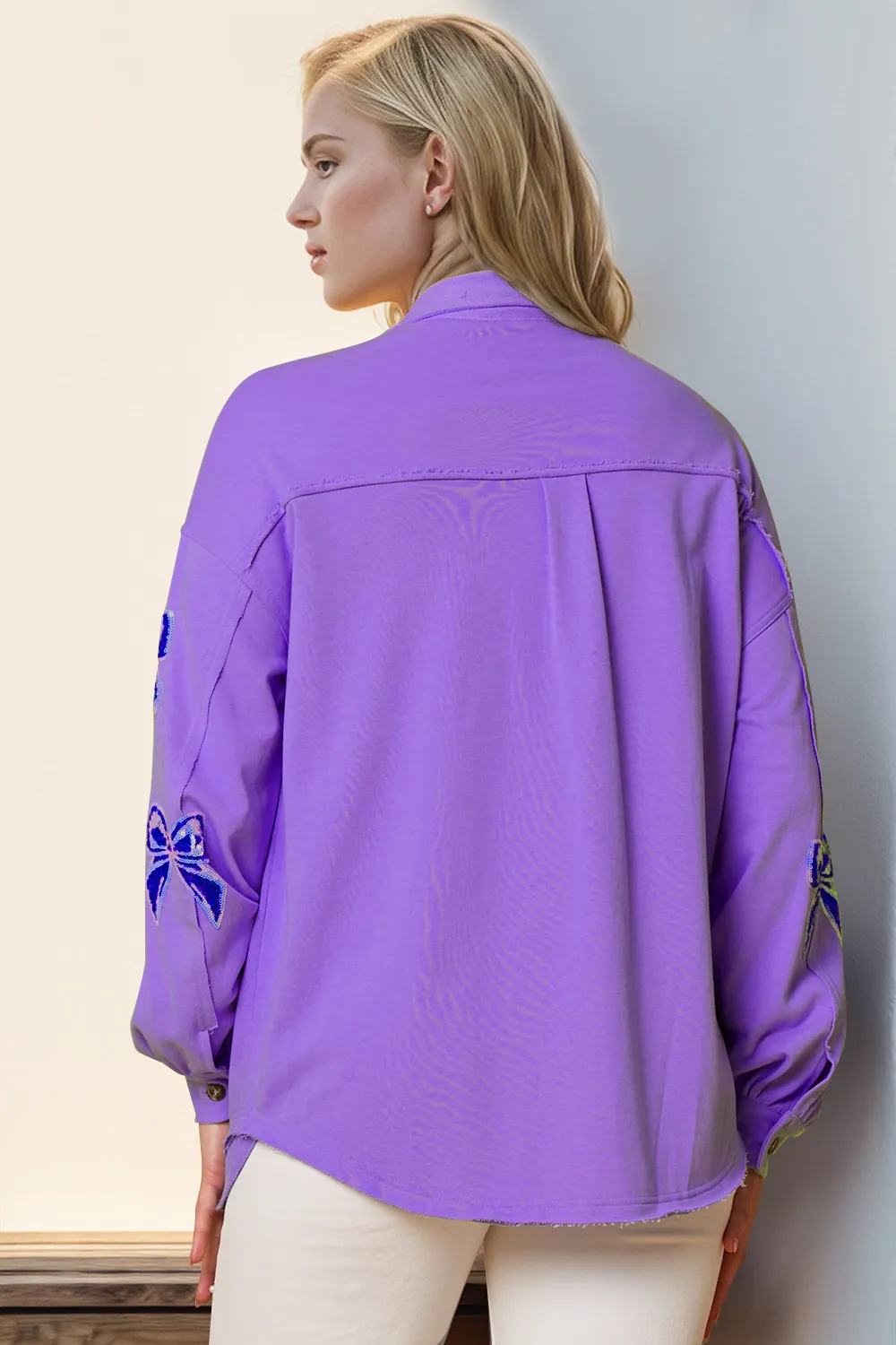 Full Size Sequin Bow Button Up Shacket, image 2