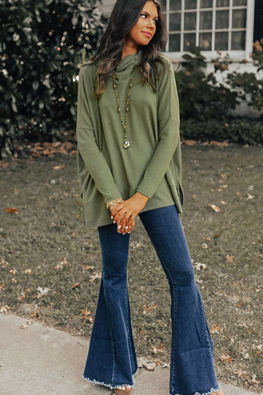 Side Slit High-Low Cowl Neck Long Sleeve Blouse, image 15