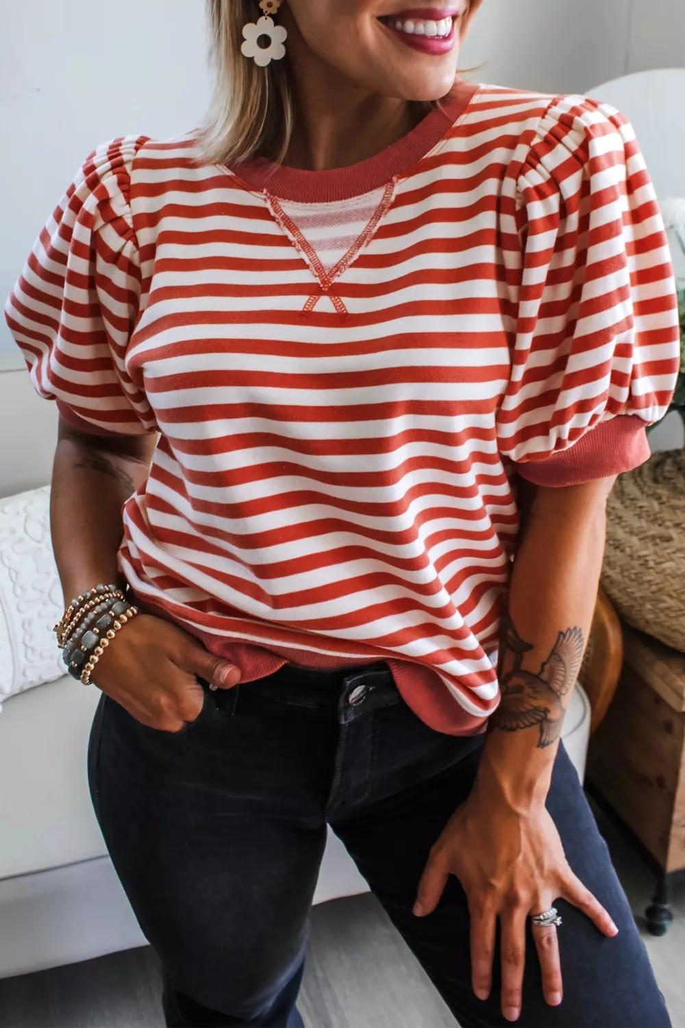 Striped Puff Sleeve Casual T-Shirt, image 5