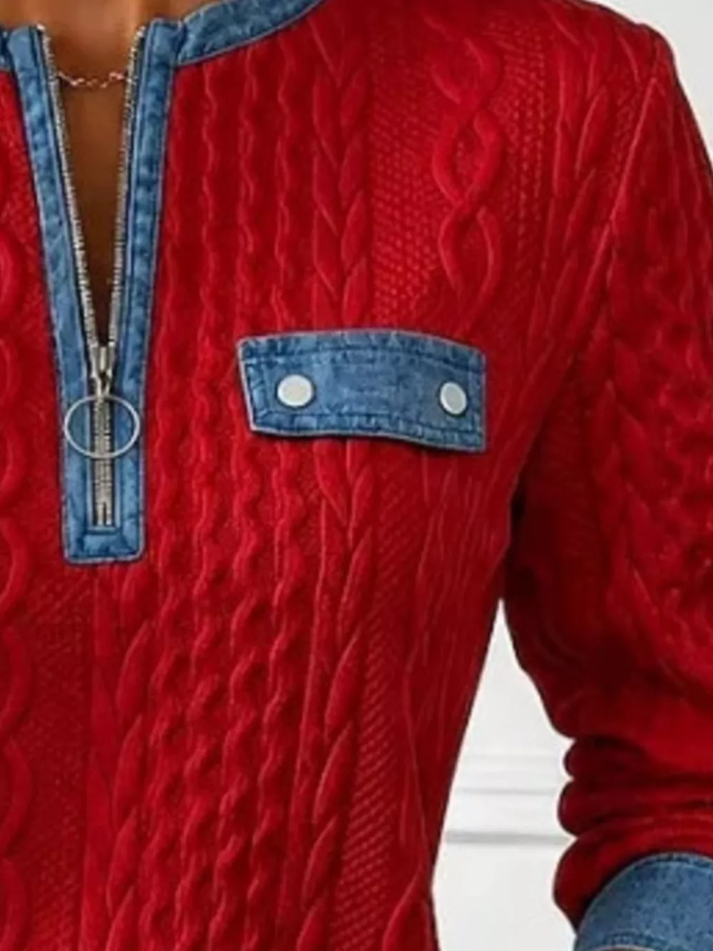 Full Size Denim Contrast Trim Quarter Zip Texture Sweatshirt Plus Size, image 4