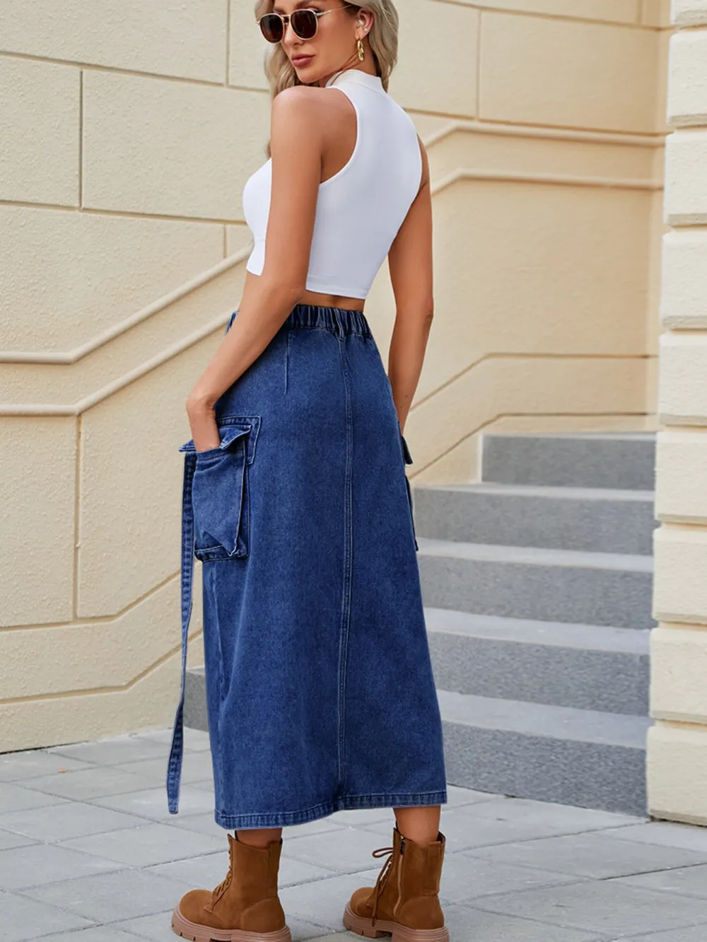 Slit Pocketed High Waist Denim Skirt, image 3