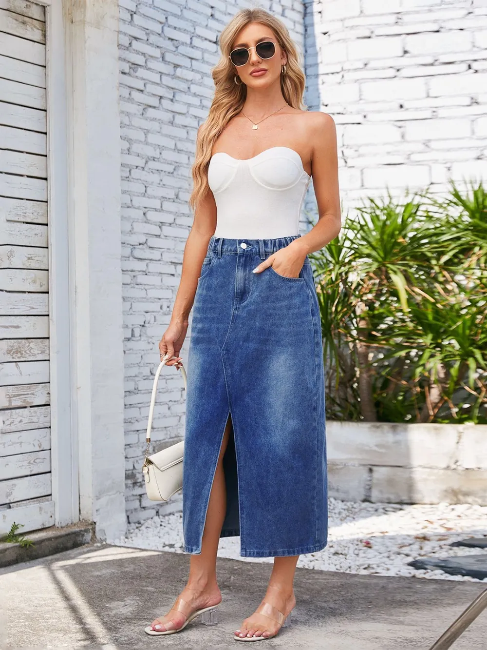 Slit Midi Denim Skirt with Pockets, image 5