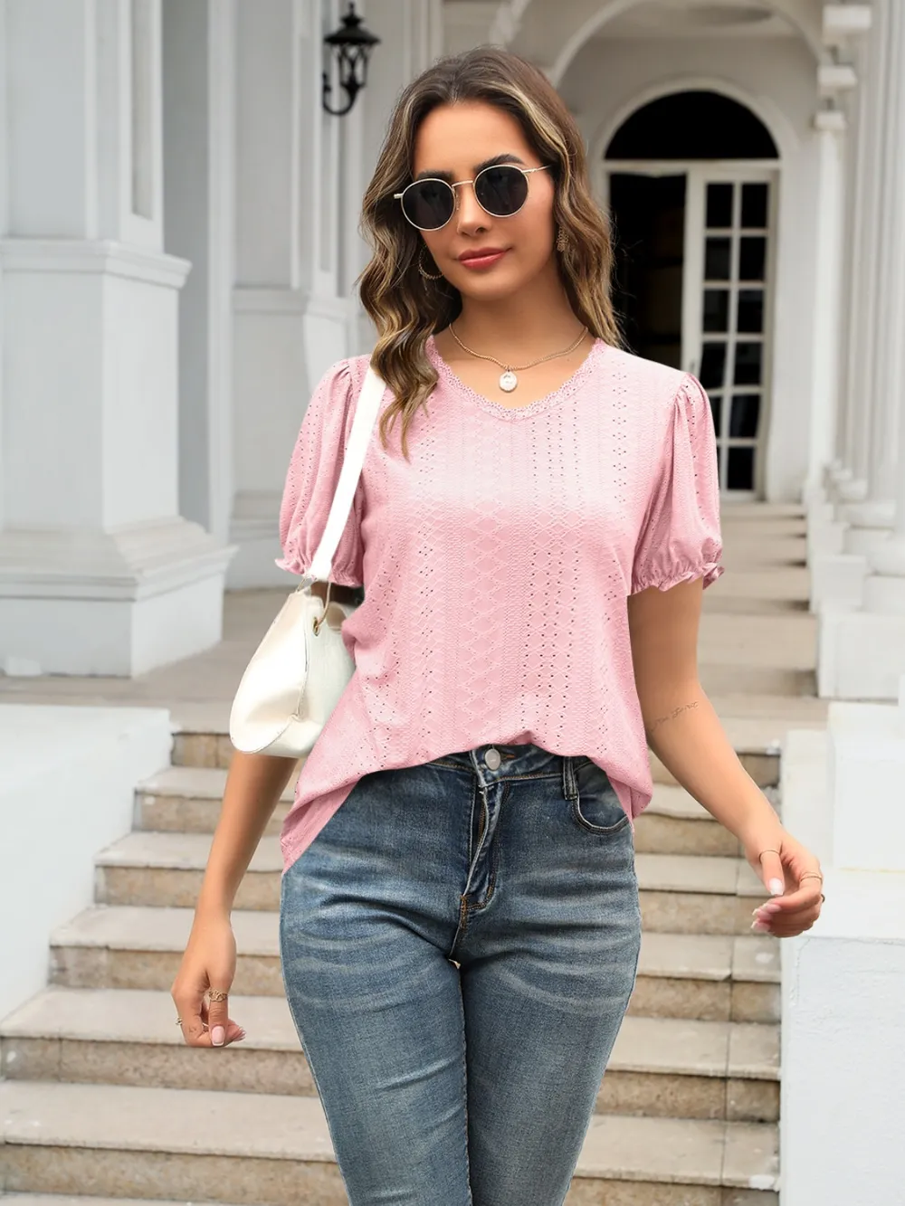 Eyelet Round Neck Short Sleeve Blouse, image 11