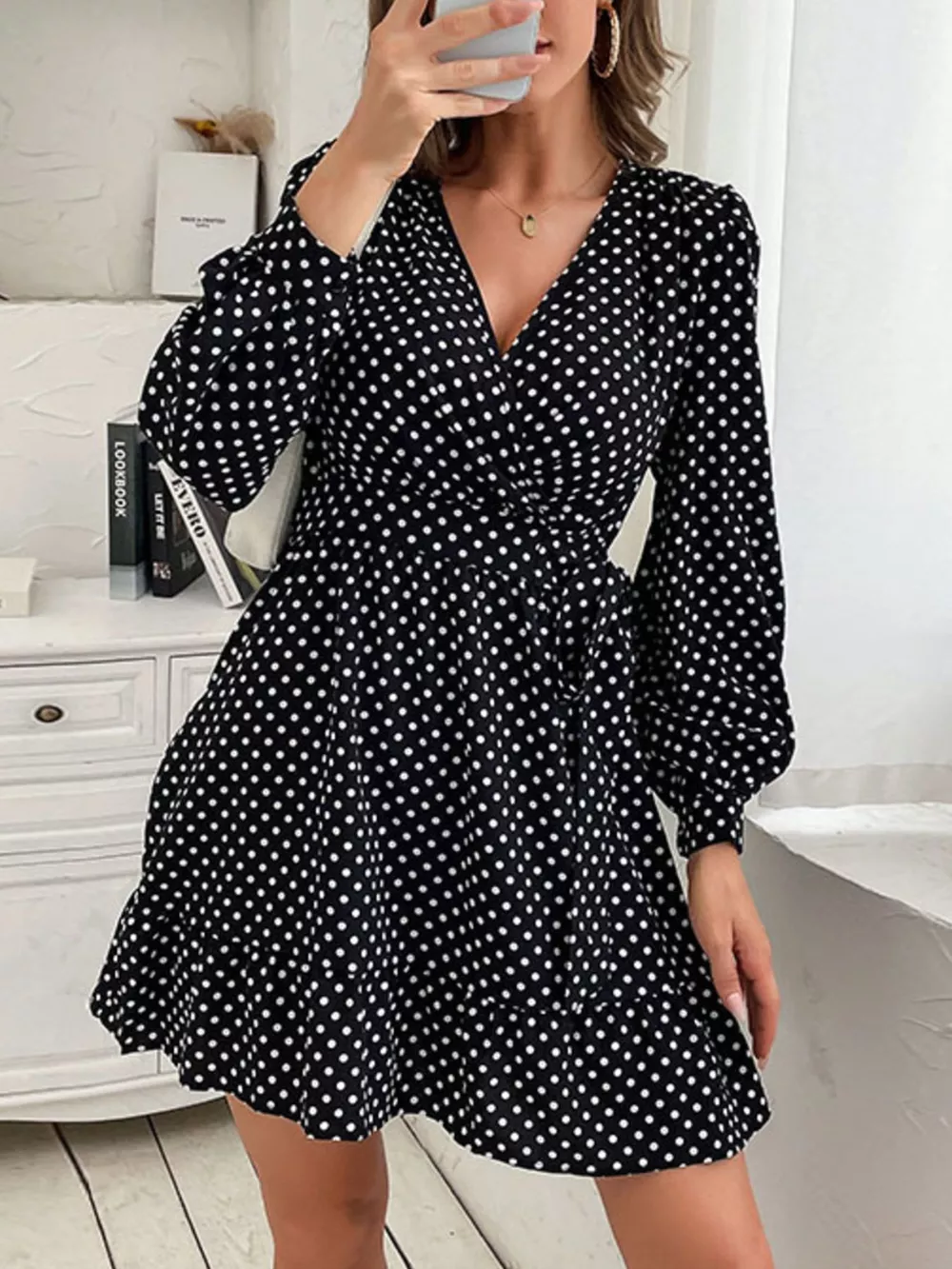 Polka Dot Wrap Mini Dress, image 2