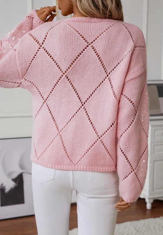 Openwork Sequin Round Neck Long Sleeve Sweater, image 3