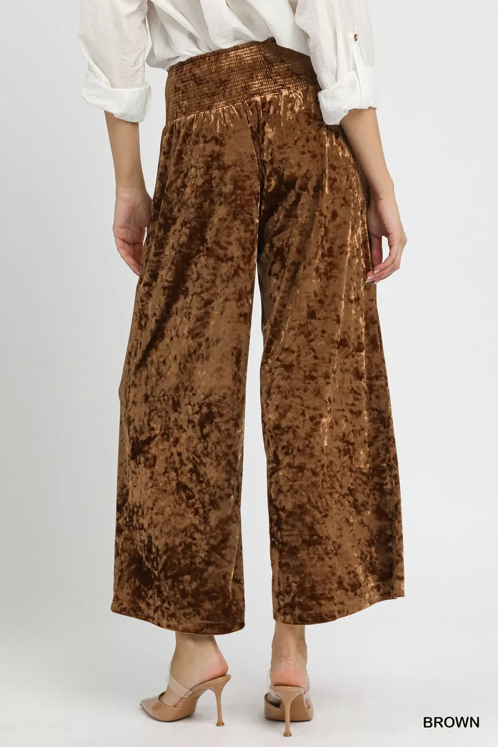 Velvet Smocked Waistband Wide Leg Pants, image 2