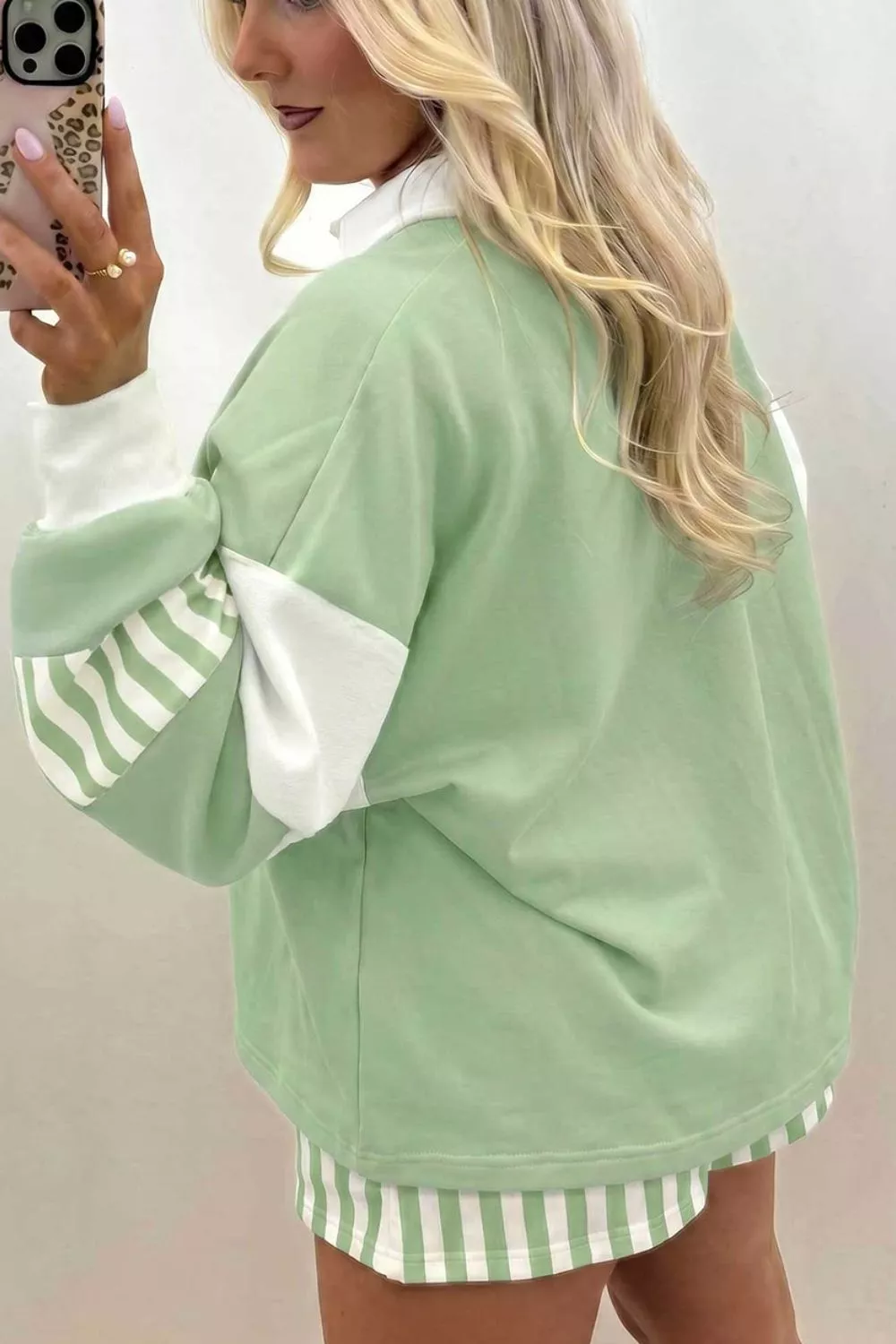 Striped Color Block Pullover Top Drawstring Shorts Set, image 4