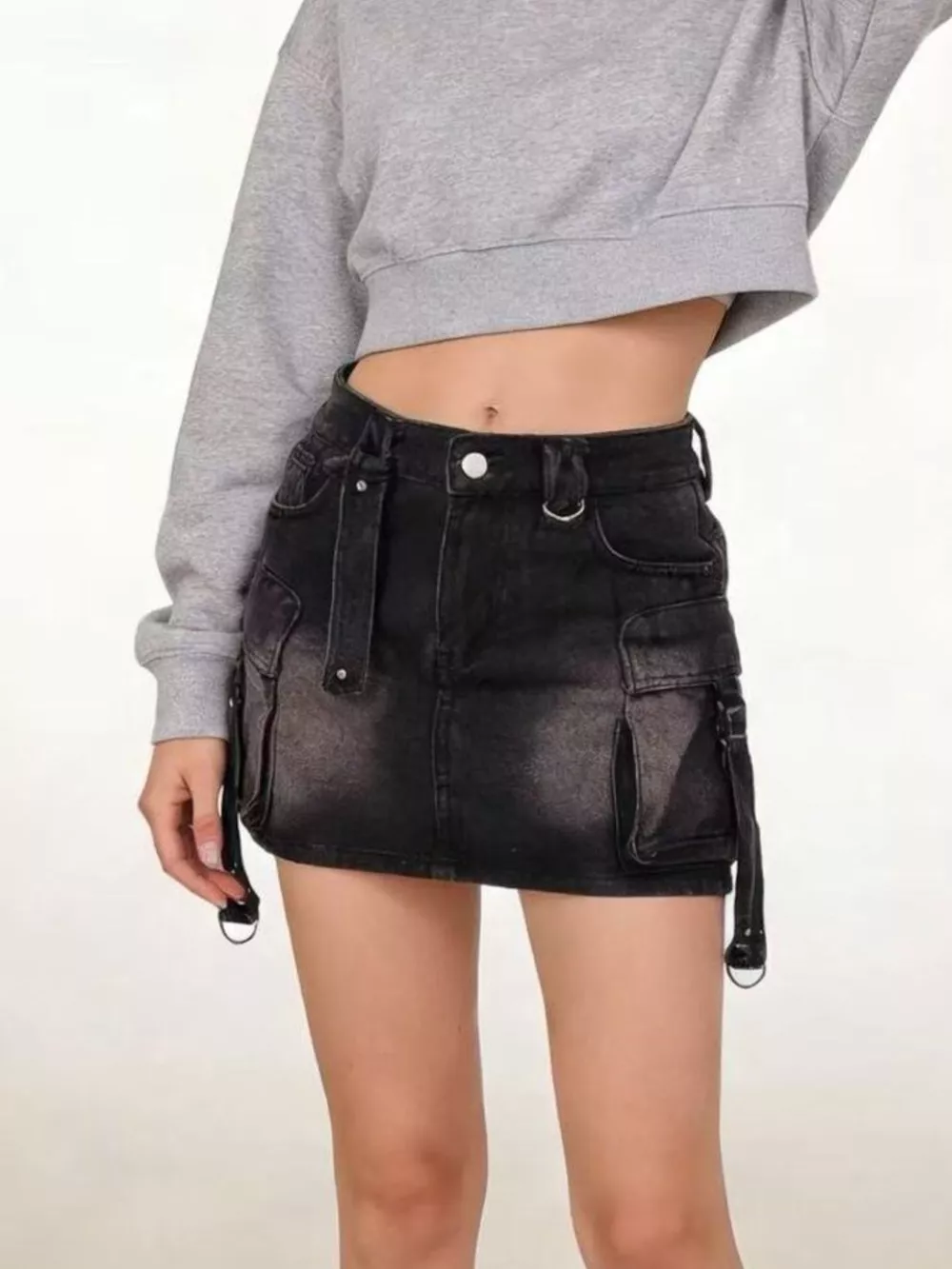 Washed Cargo Denim Skirt, image 9