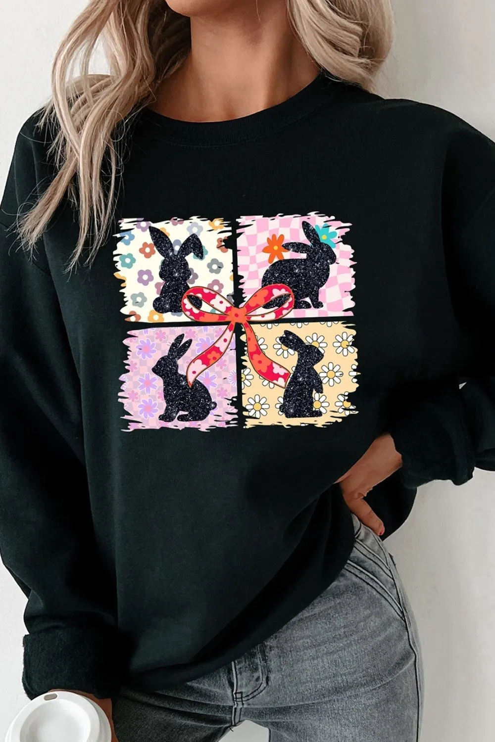 Floral Bunny Plaid Bow Graphic Easter Sweatshirt, image 2