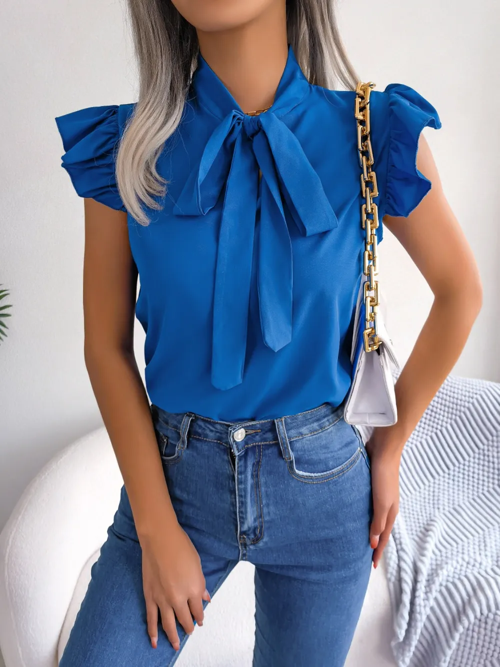 Tie Neck Cap Sleeve Blouse, image 9