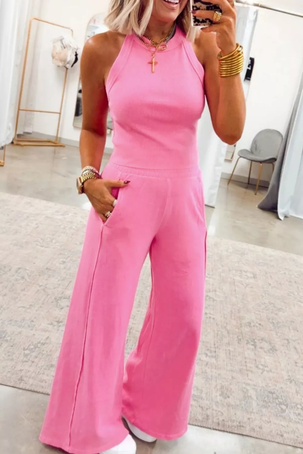 Slim Ribbed Tank Top and Sweatpants Set, image 3
