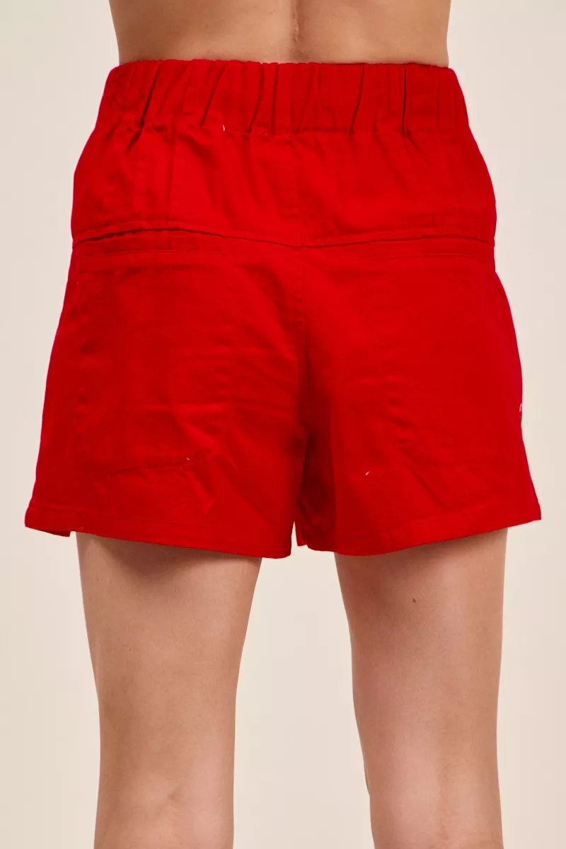 Solid Twill Denim Pintucked Buttoned Shorts With Waist Tie, image 3