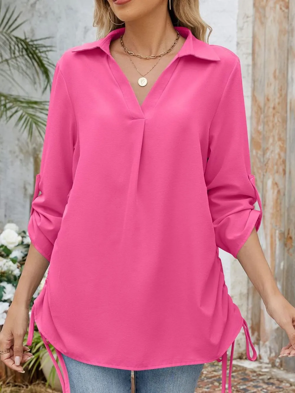 Drawstring Johnny Collared Three-Quarter Sleeve Top, image 5