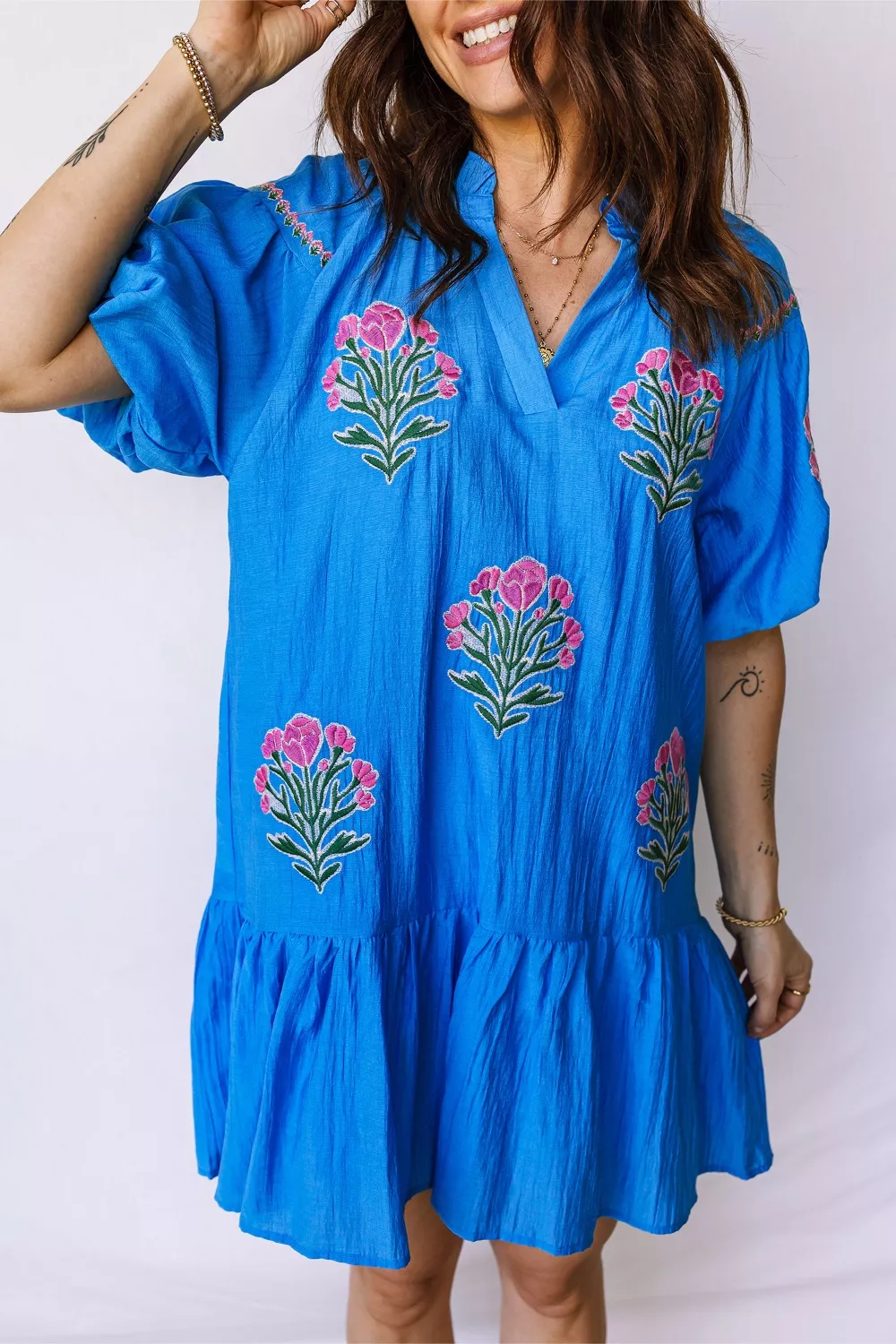 Flower Embroidered Split Neck Short Puff Sleeve Ruffle Hem Dress, image 5