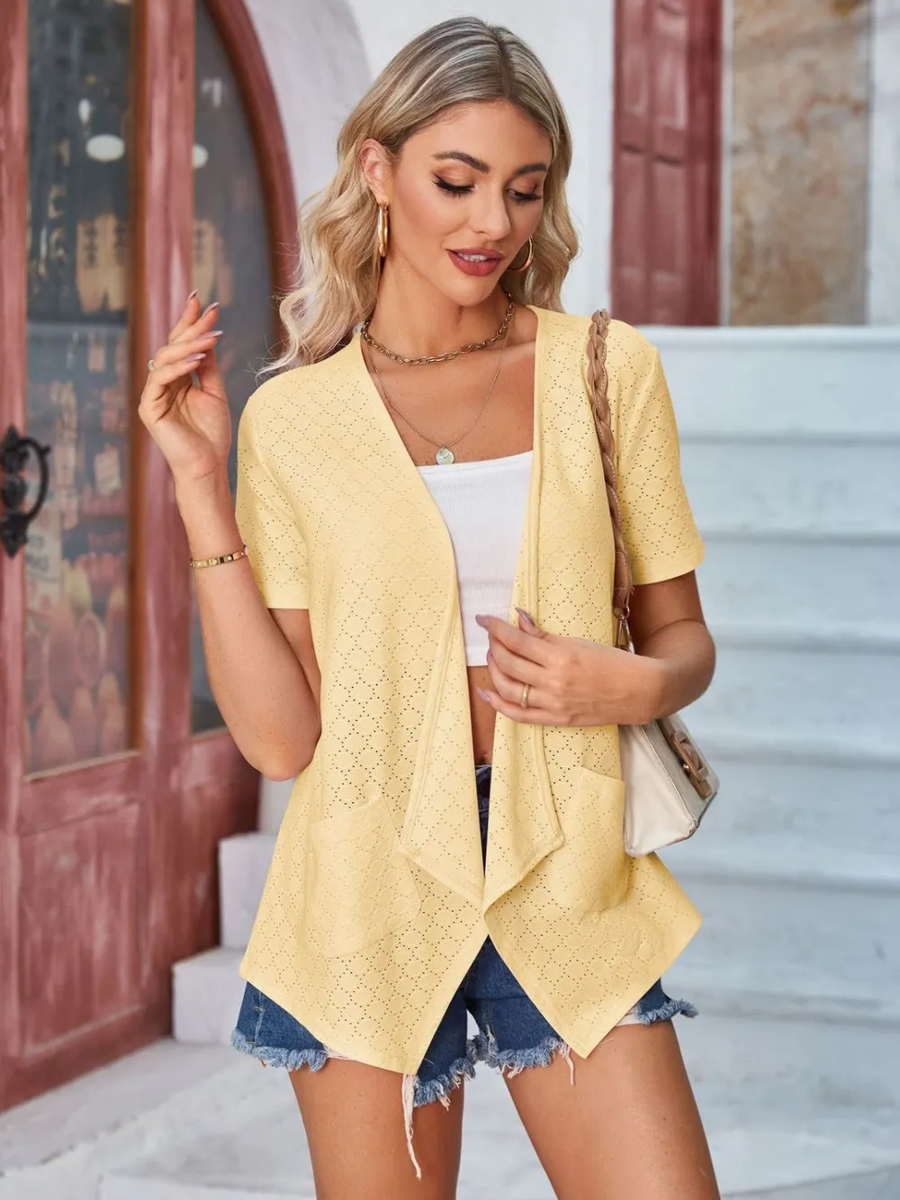 Eyelet Open Front Short Sleeve Cover Up, image 18