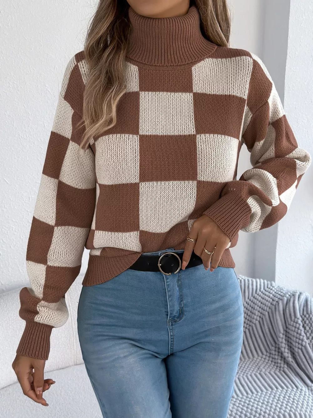 Checkered Turtleneck Long Sleeve Sweater, image 17