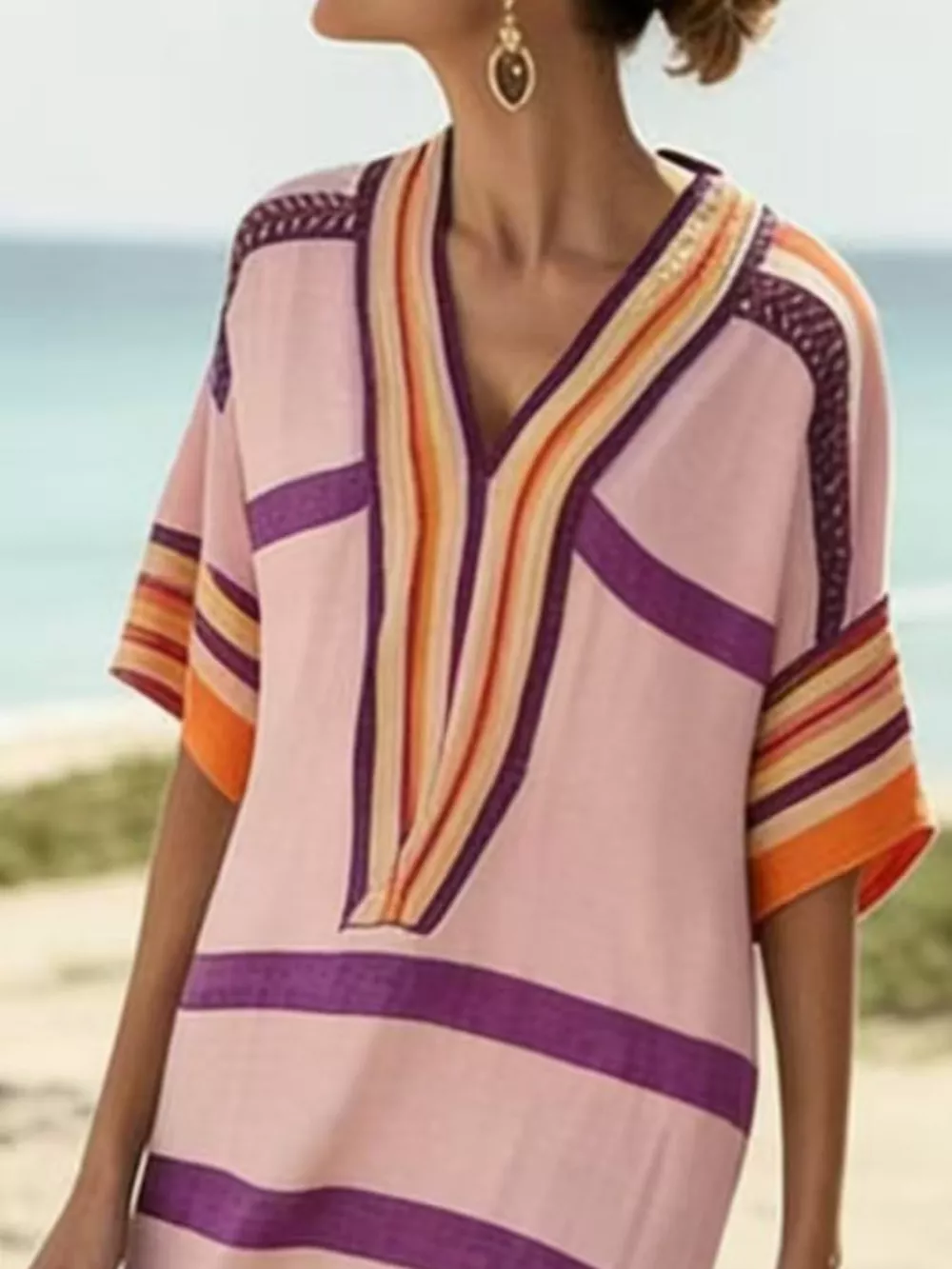 Full Size Striped Half Sleeve Midi Dress Plus Size, image 9