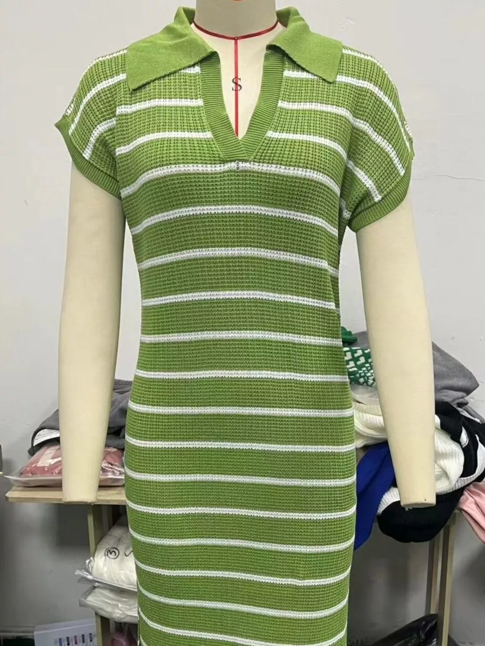 Striped Knit Slit Short Sleeve Midi Dress, image 3