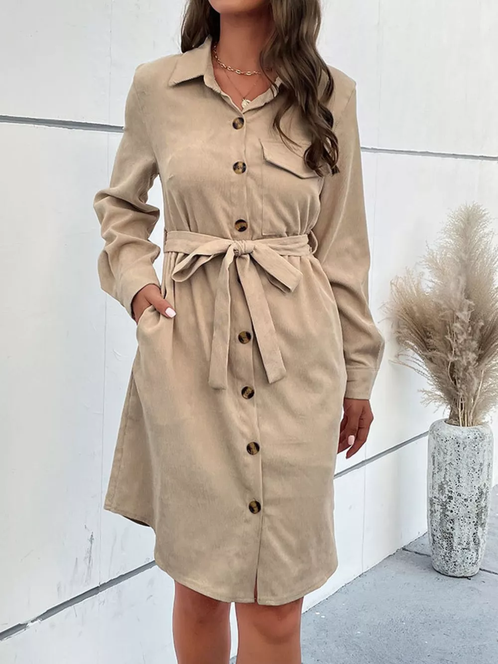 Button-Front Tie Waist Shirt Dress, image 3